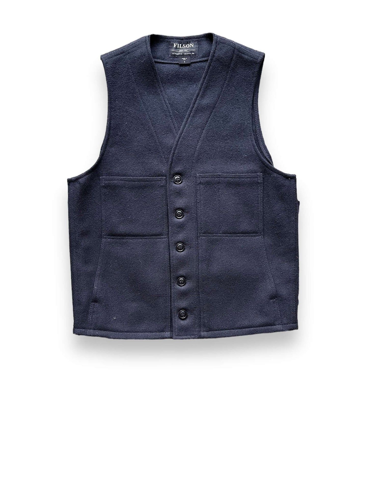 Front View of Black Label Filson Mackinaw Wool Vest SZ S |  Barn Owl Vintage Goods | Filson Bargain Outlet Seattle