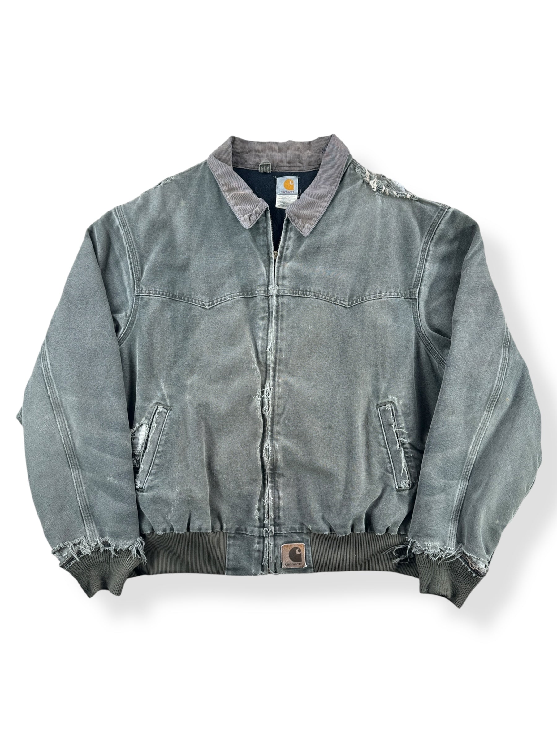 Front of Vintage Hand Repaired Carhartt Santa Fe Moss Green Jacket SZ 3XL AS IS