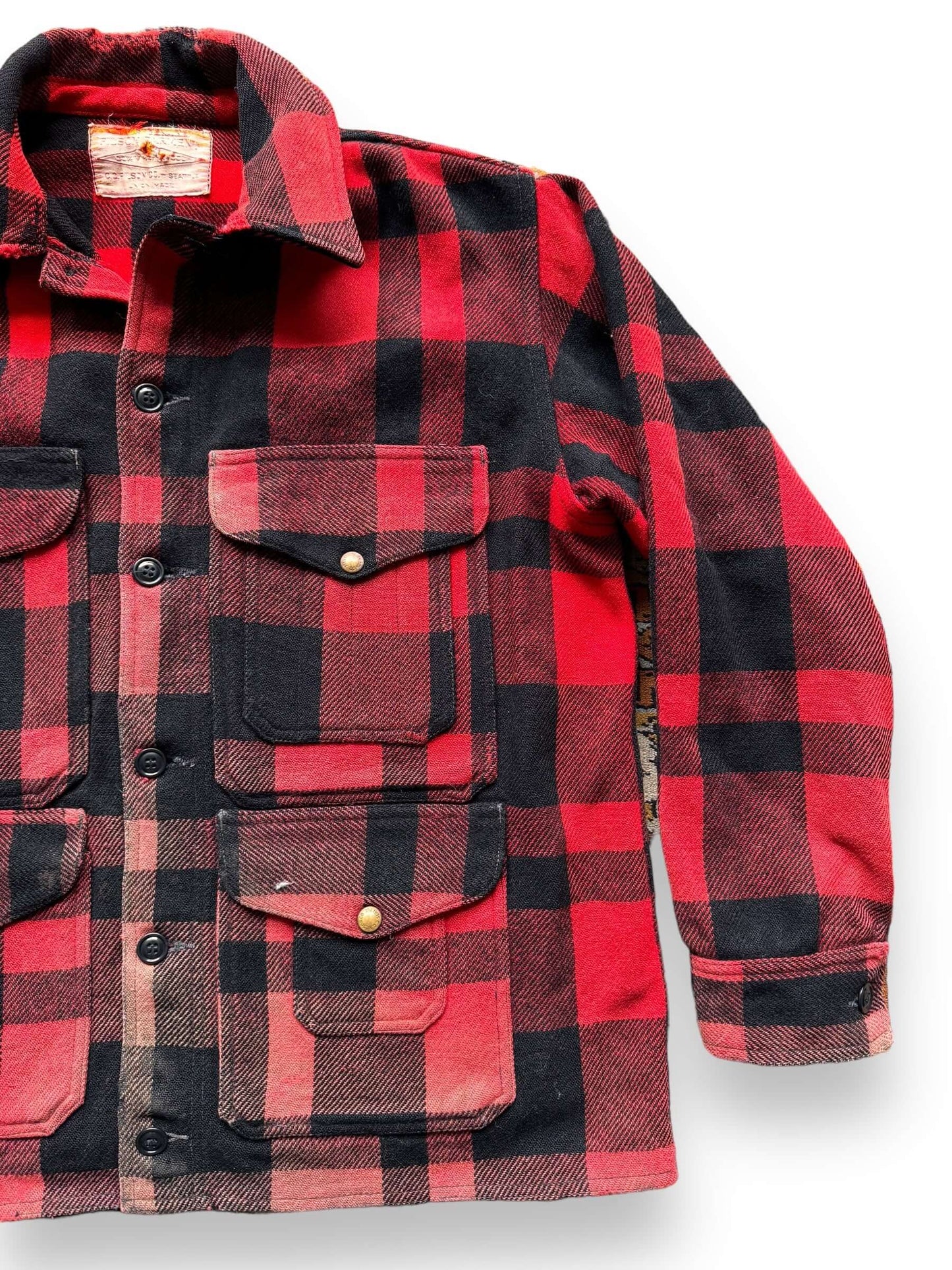 front left of 1960s Union Made Filson Buffalo Plaid Mackinaw Cruiser w/ Repairs SZ 48
