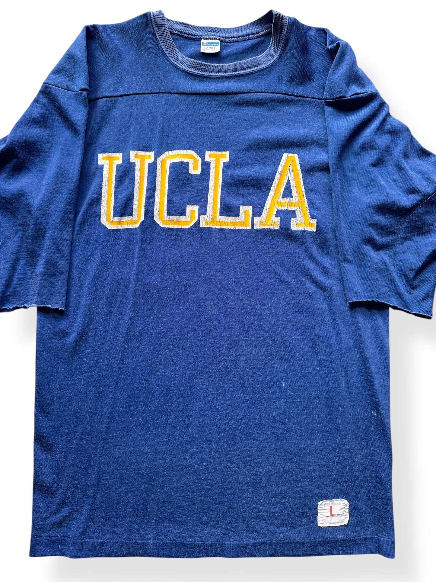 Front Close Up of Vintage Champion Blue Bar UCLA Chopper Jersey SZ L AS IS