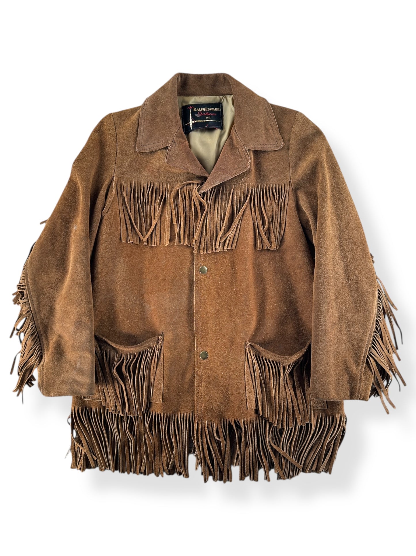 Front of Vintage Ralph Edwards Sportswear Fringed Suede Jacket SZ S