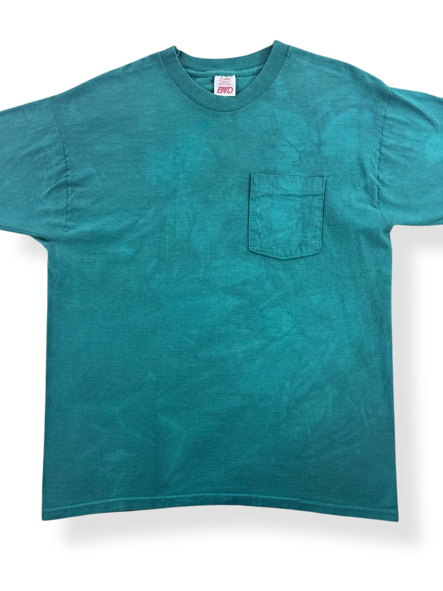 Front Close Up of Vintage Grass Green Dyed BVD Blank Pocket Tee SZ XL