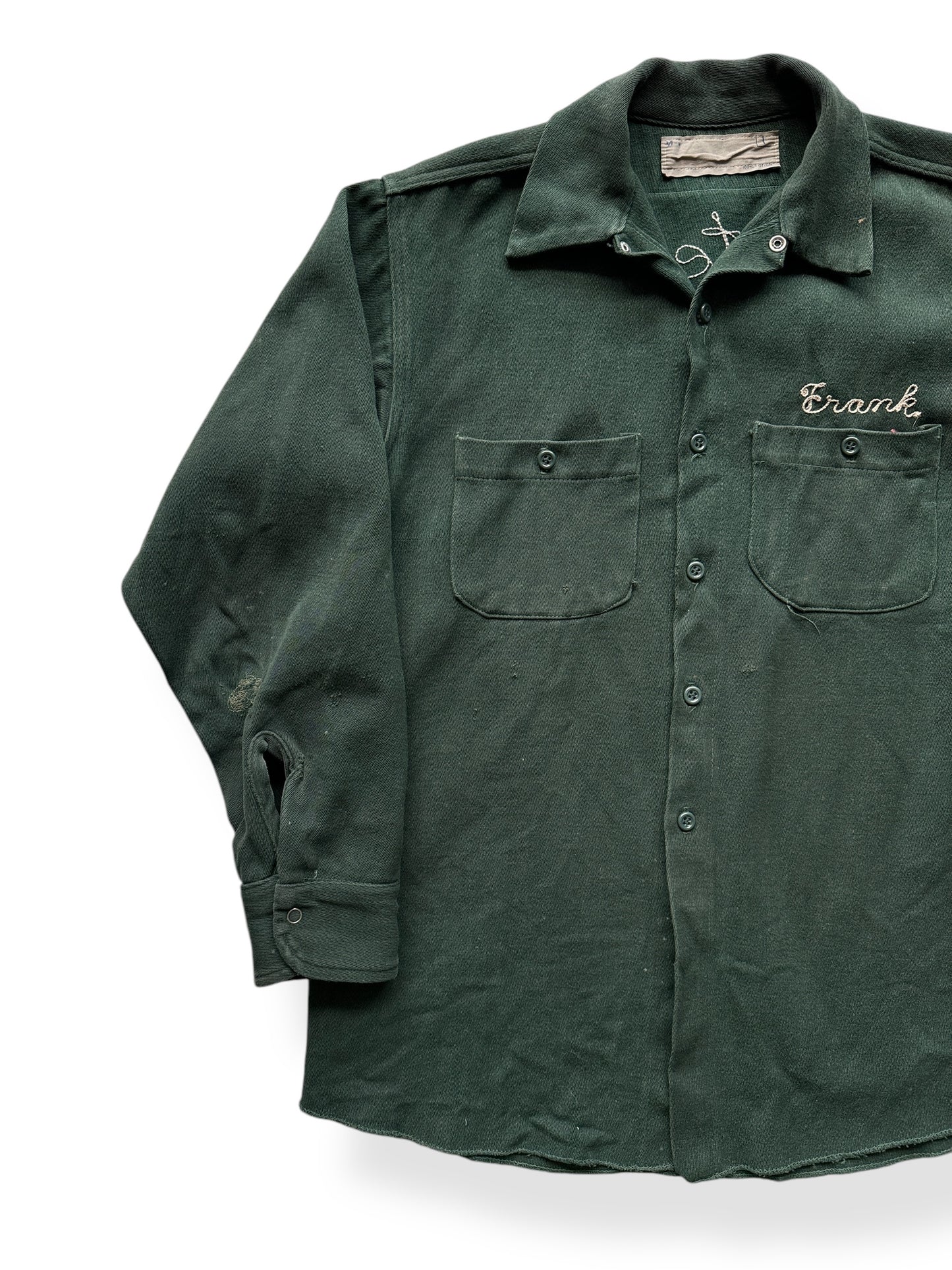 Front Right of Vintage Meteor Motors Chainstitched Work Shirt SZ M