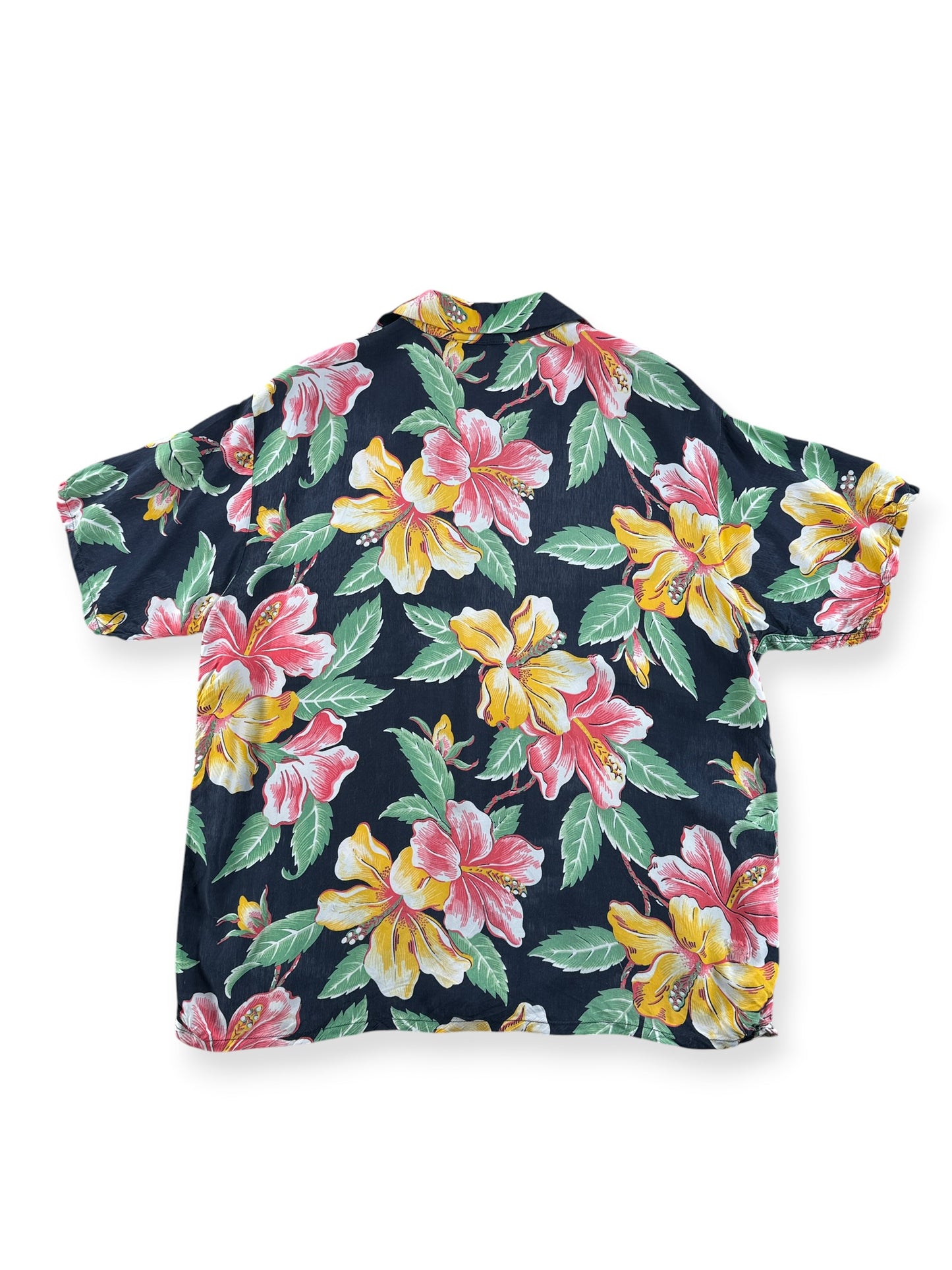 Back of Vintage Black Made in California Floral Rayon Aloha Shirt SZ L (Fits M)