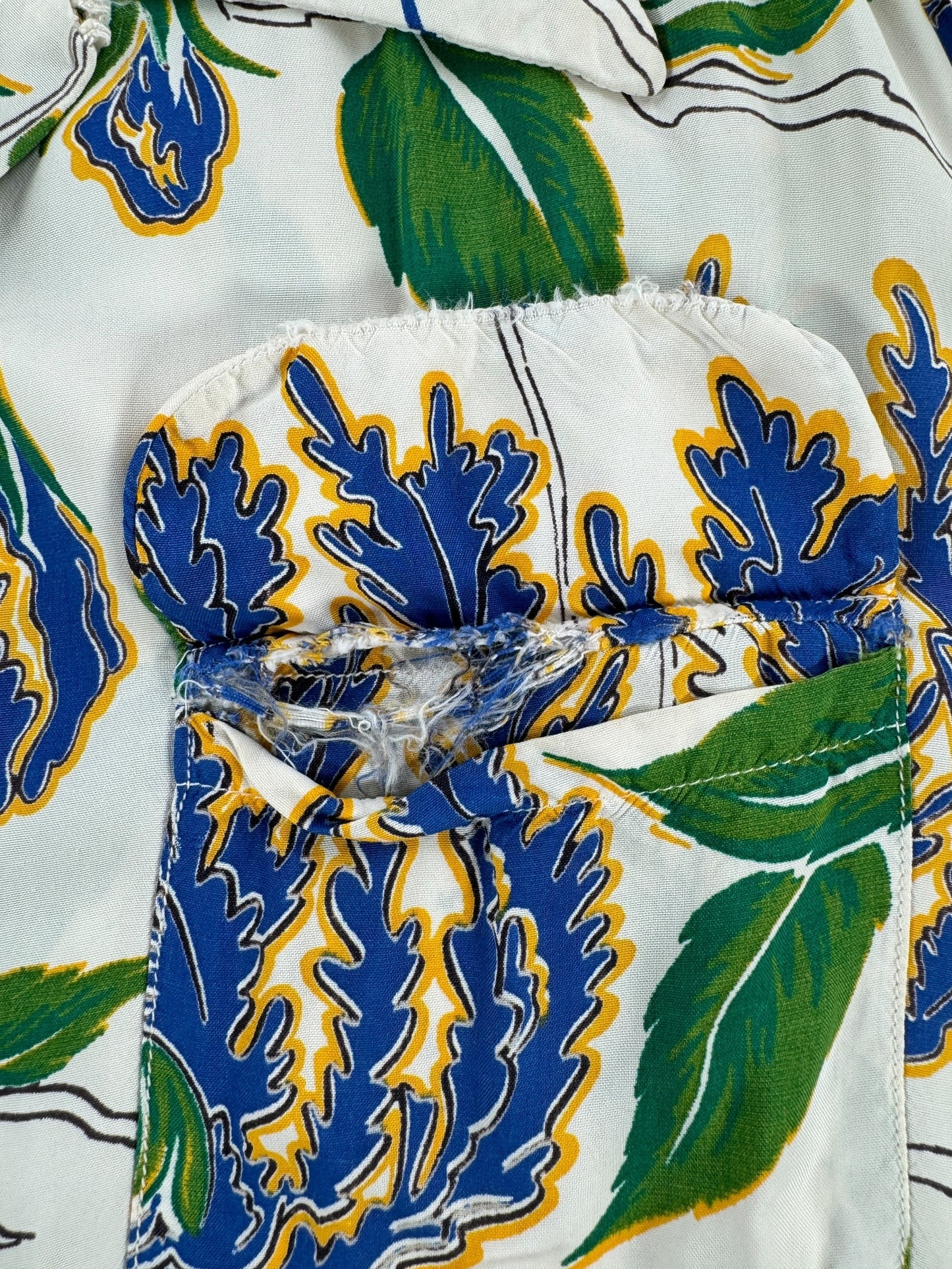 Distressing on Vintage Long Sleeve Rayon Aloha Shirt SZ L