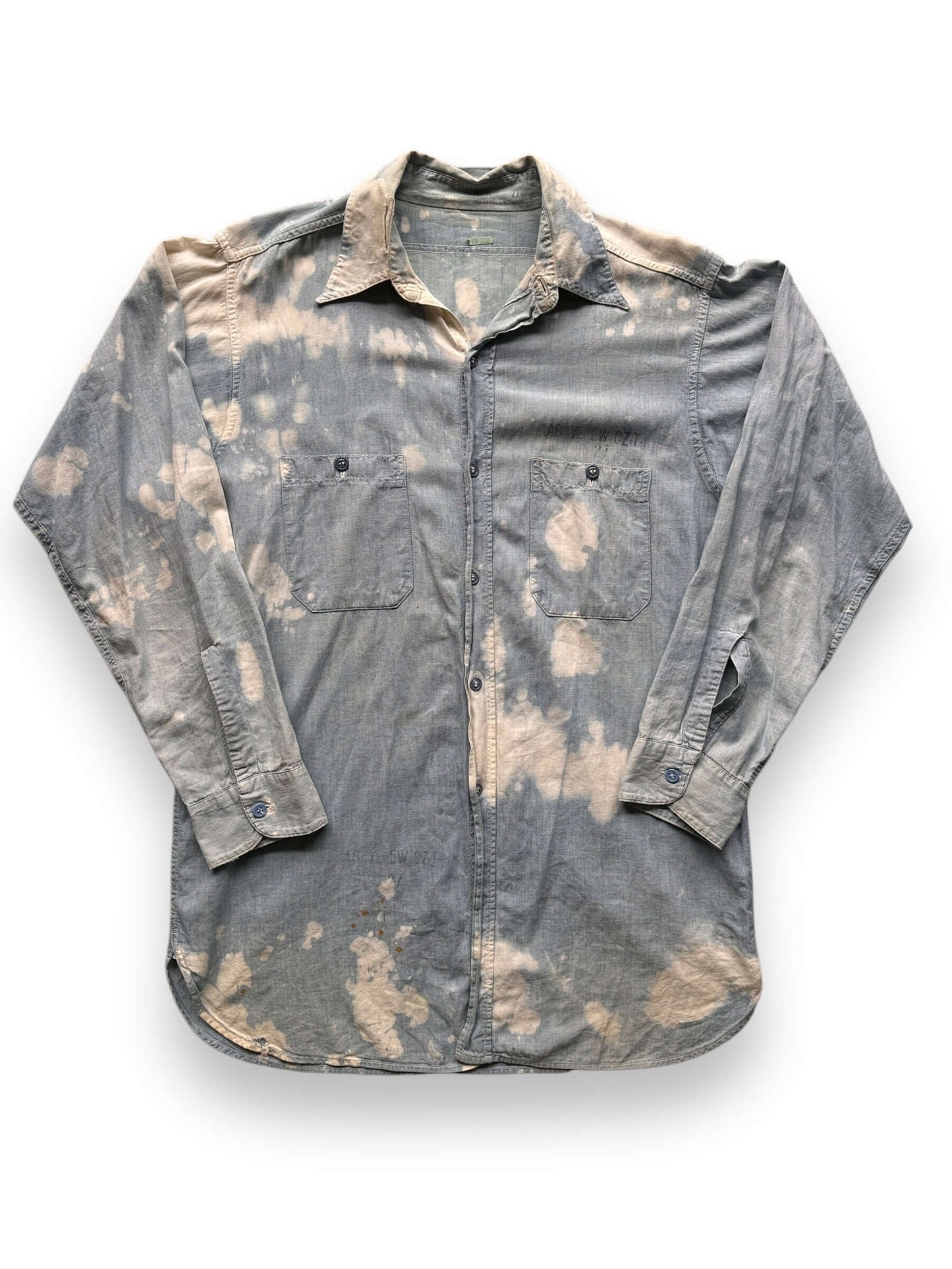 front of Vintage Bleach Splattered USN Chambray Shirt SZ XL