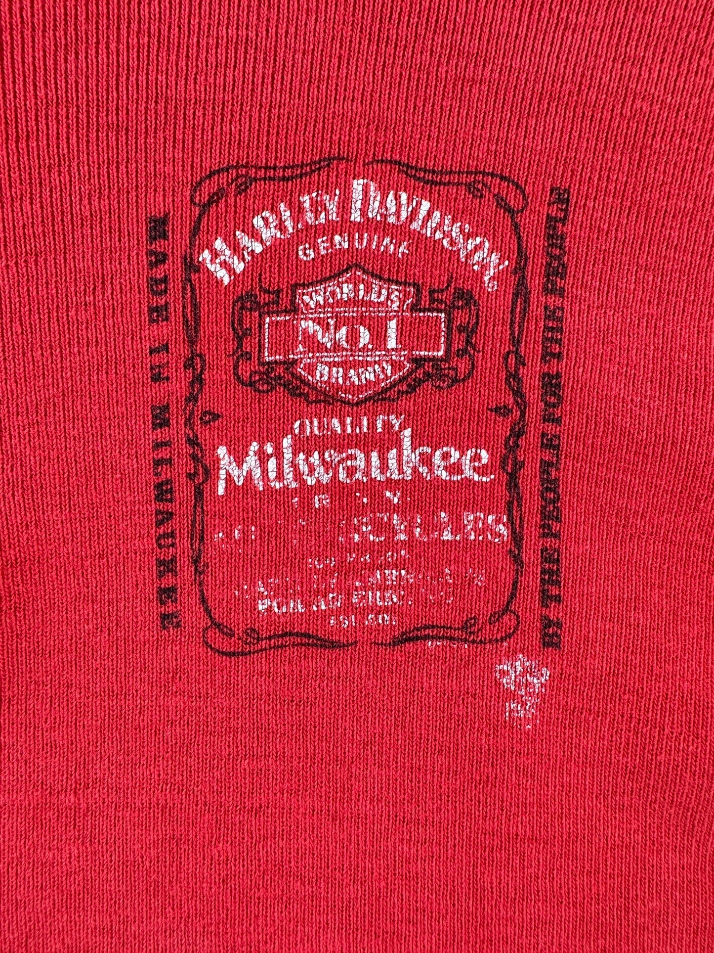 Front Graphic of Vintage Downtown Seattle Harley Davidson Red Henley Shirt SZ S