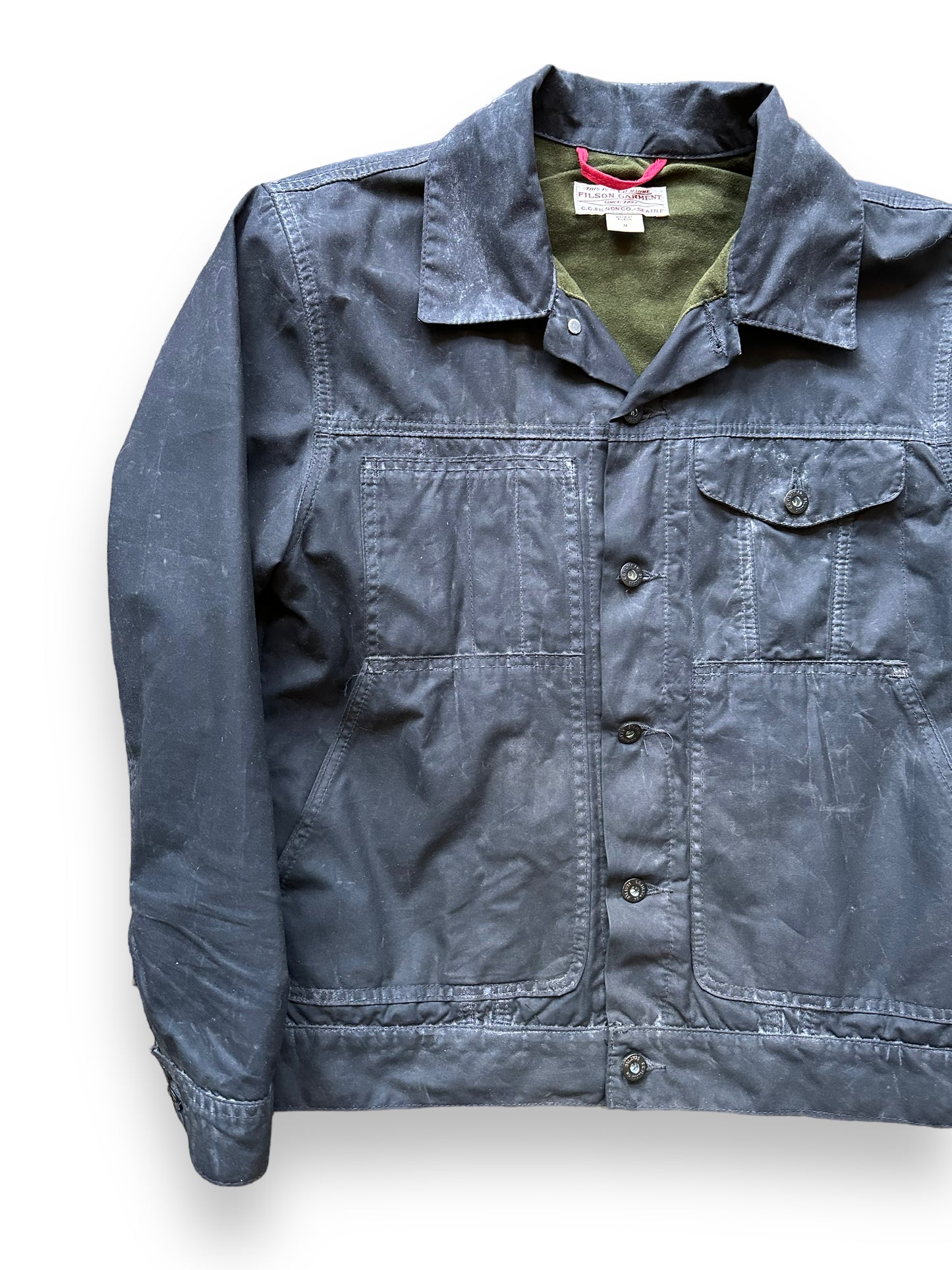 Front Right View of Filson Black Short Lined Tin Cloth Cruiser SZ M |  Barn Owl Vintage Goods | Vintage Filson Workwear Seattle