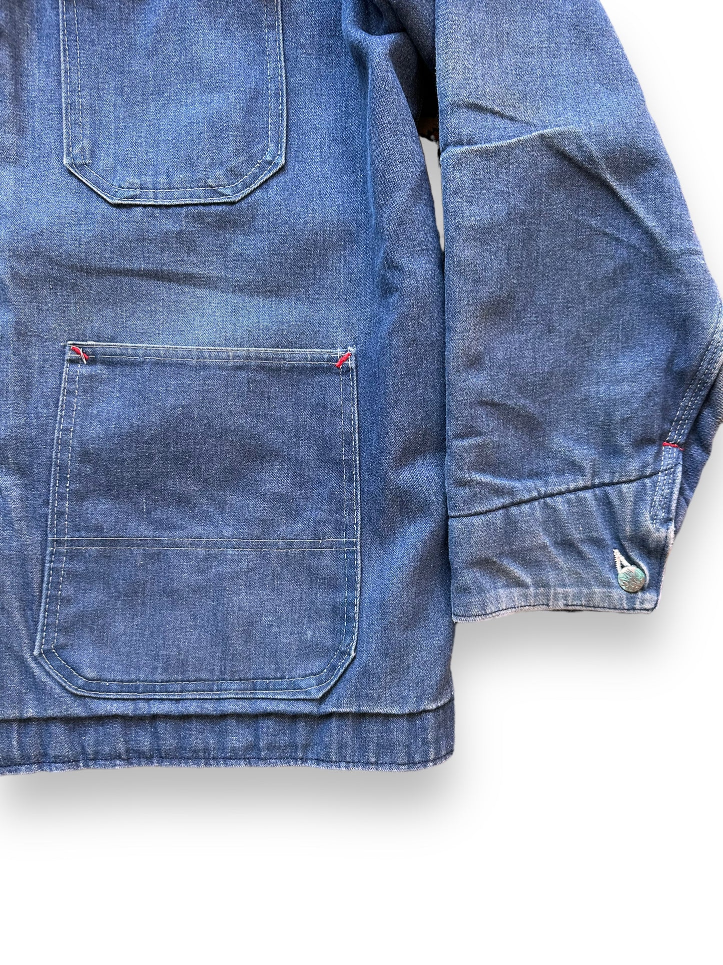 Some Tarnishing on Left Cuff Button on Vintage Big Mac Blanket Lined Denim Chore Coat SZ XL | Vintage Denim Chore Coat | Barn Owl Vintage Seattle