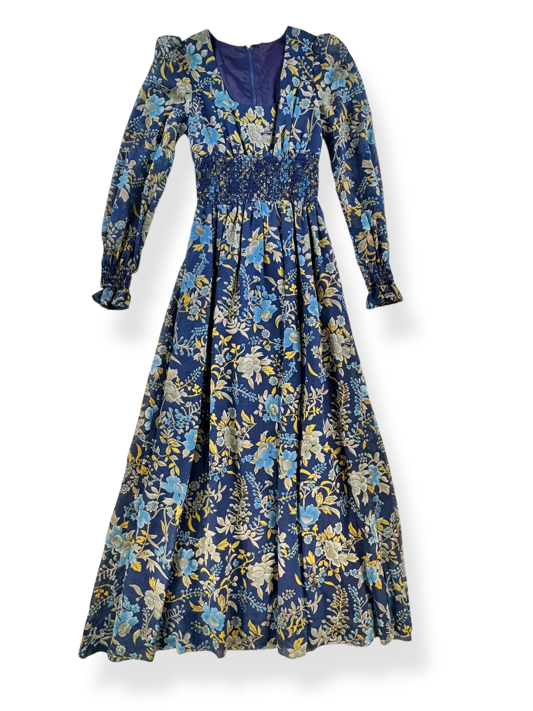 Front view of 1970s Blue Floral Maxi Dress S