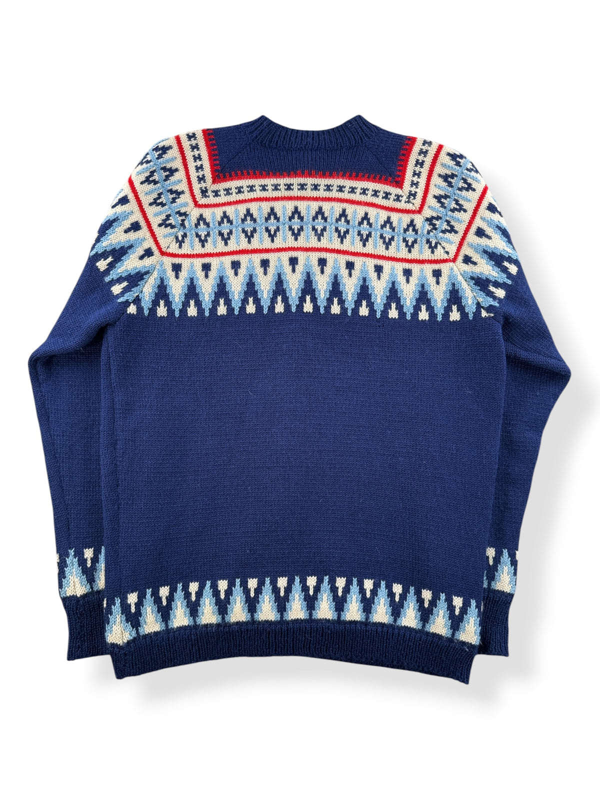Back of Vintage Blue & Red Norwegian Wool Cardigan SZ M