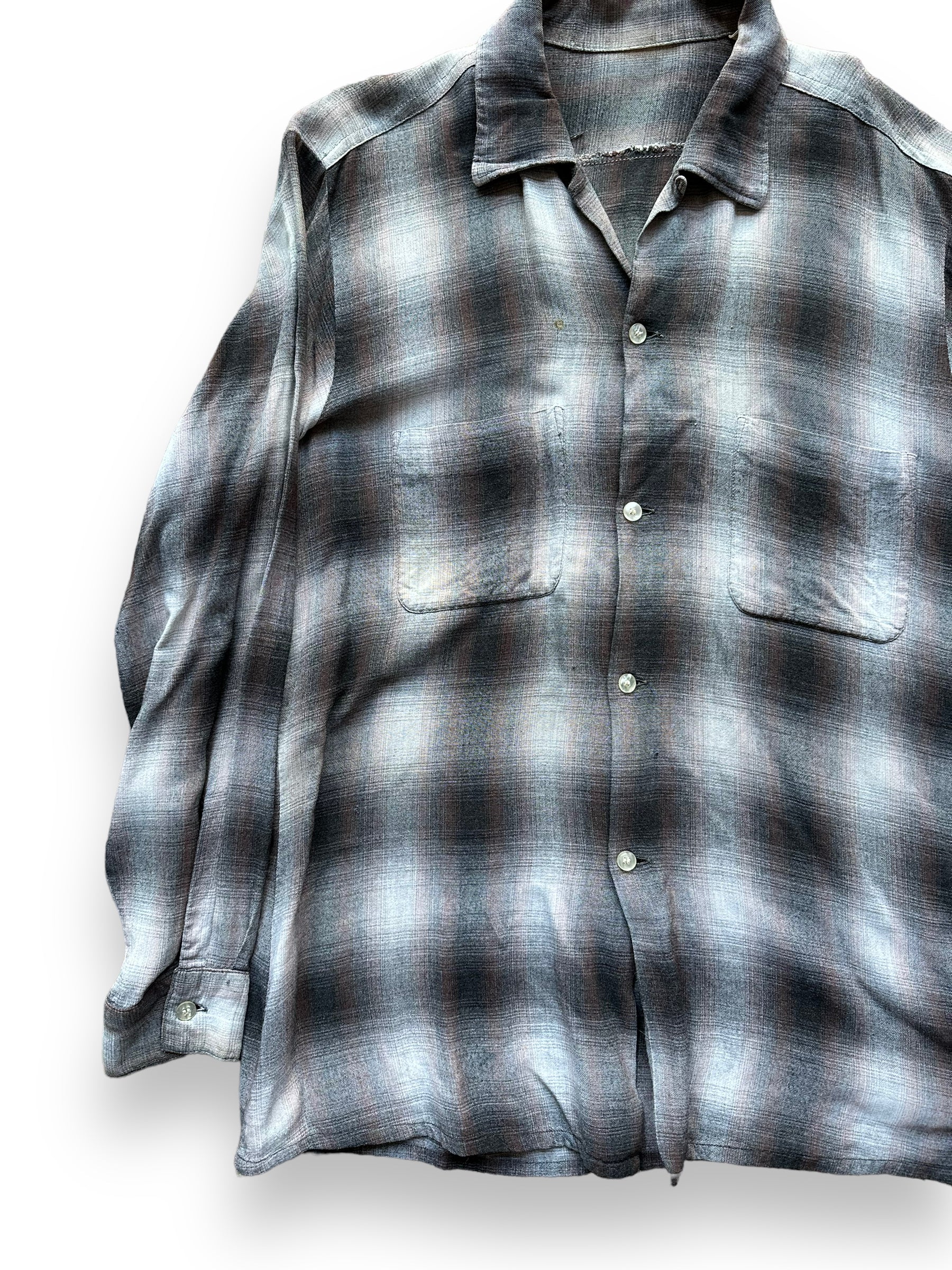 Front Right View of Vintage Arrow Chevella Shadow Plaid Rayon Shirt SZ L | Vintage Rayon Shirt Seattle | Barn Owl Vintage Seattle