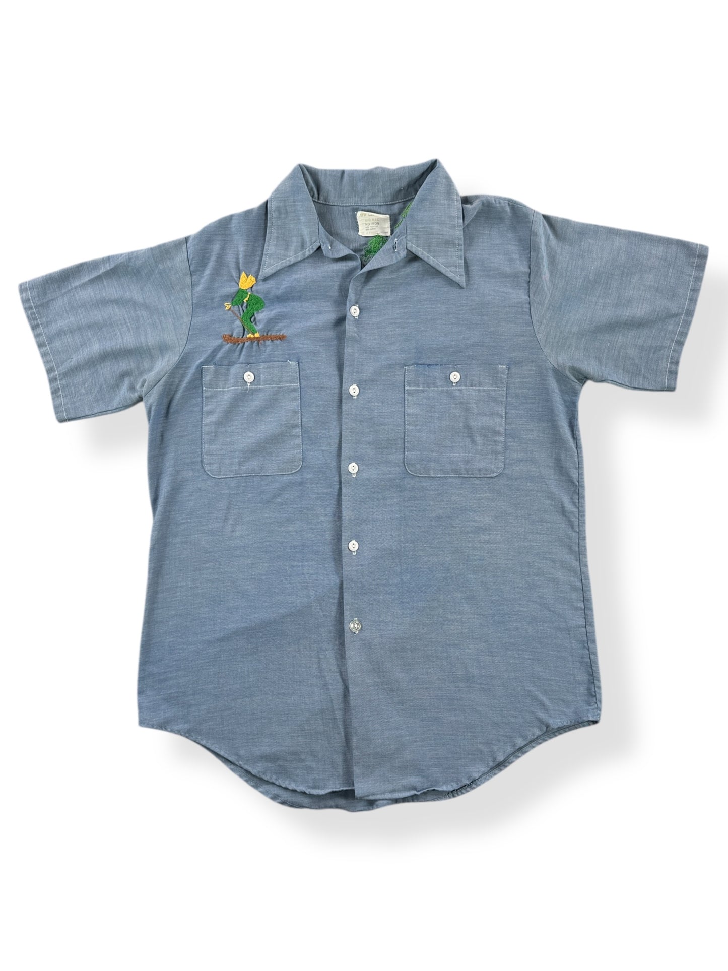 Front of Vintage Embroidered Short Sleeve Chambray Shirt SZ M