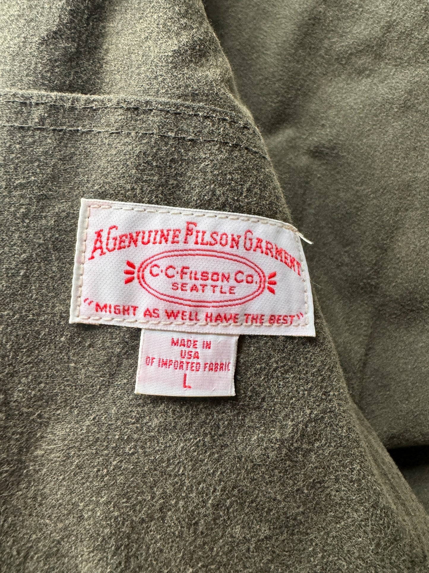 Label on Filson Tin Cloth Packer SZ L