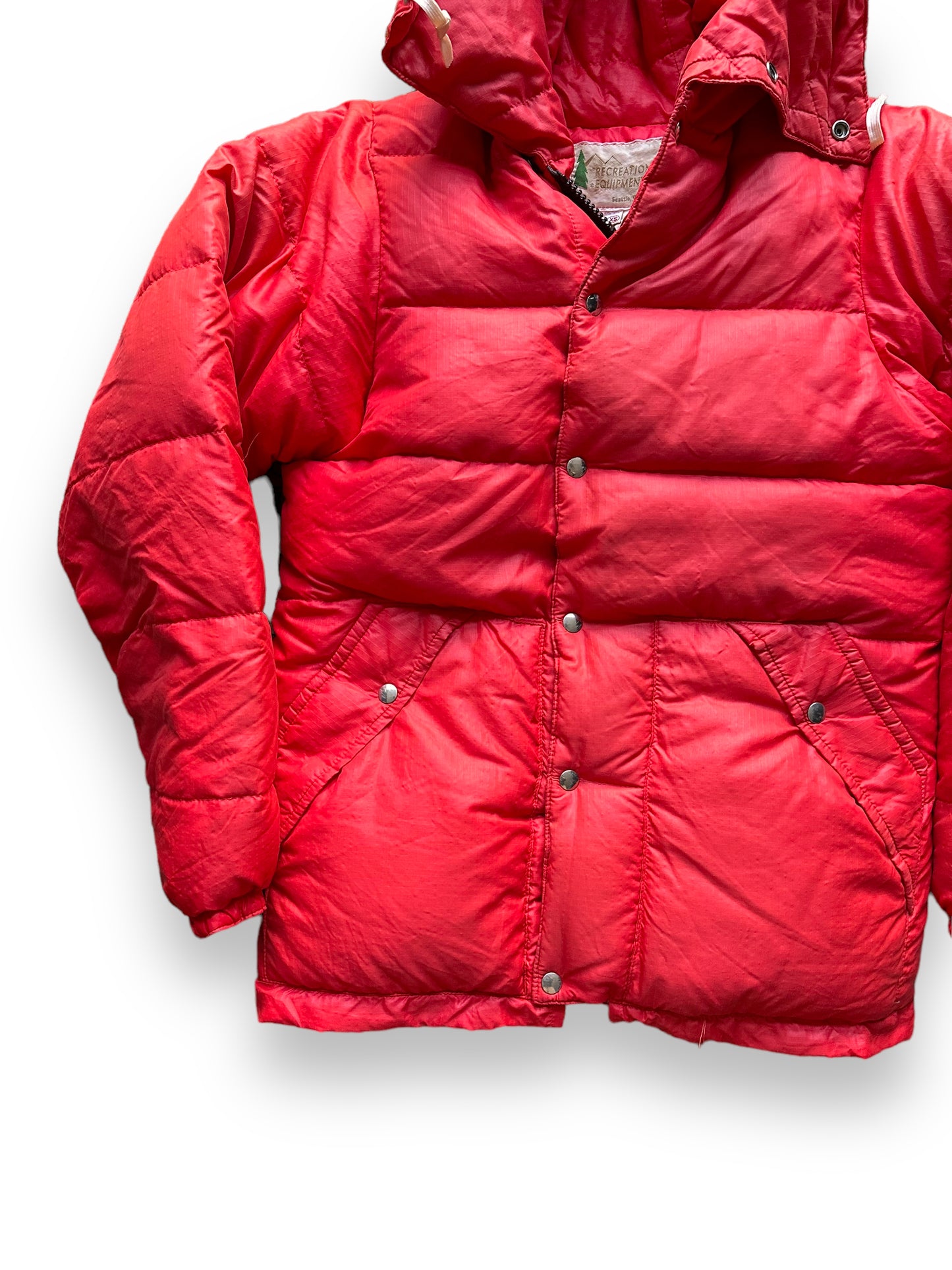 Front Right View of Vintage Red REI Goose Down Puffer Jacket SZ XS | Vintage Puffer Jacket Seattle | Barn Owl Vintage Seattle