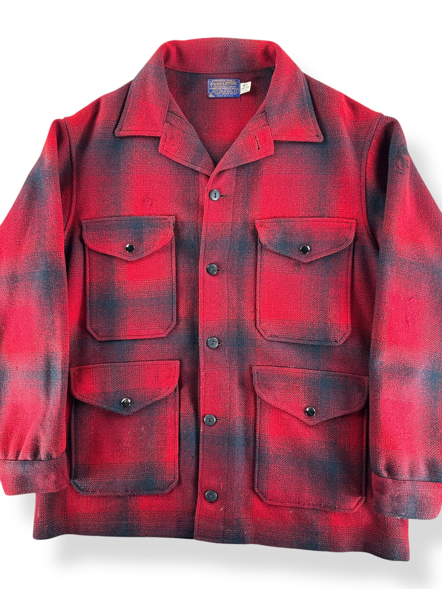 Front Close Up of Vintage Pendleton Red & Black Shadow Plaid Mackinaw Jacket SZ L AS IS