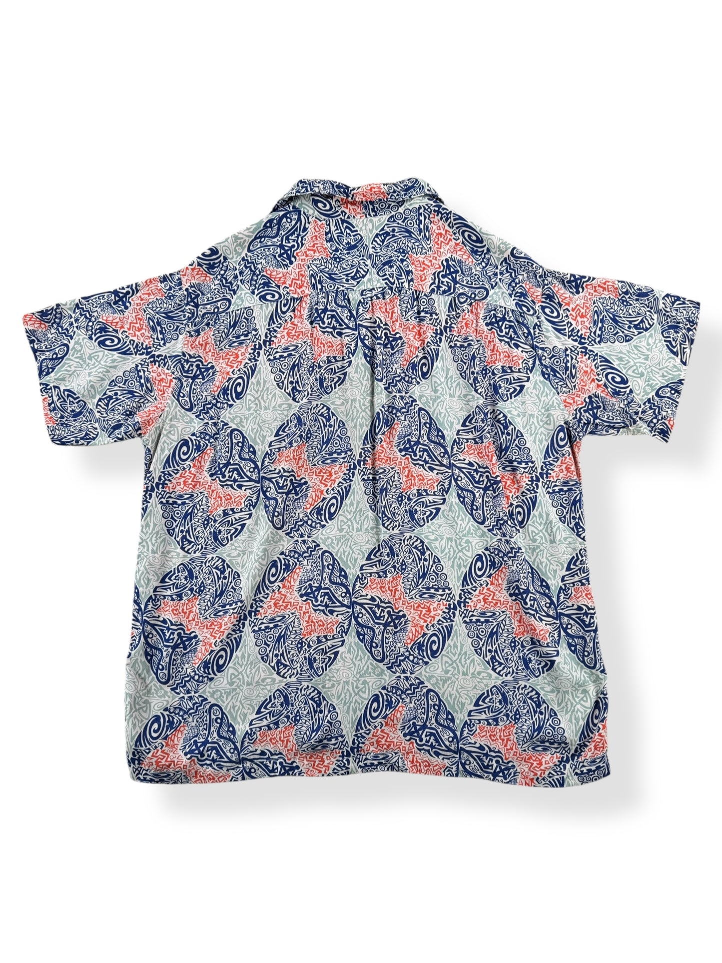 Back of Vintage Repaired Arrow Sanforset Rayon Aloha Shirt SZ L