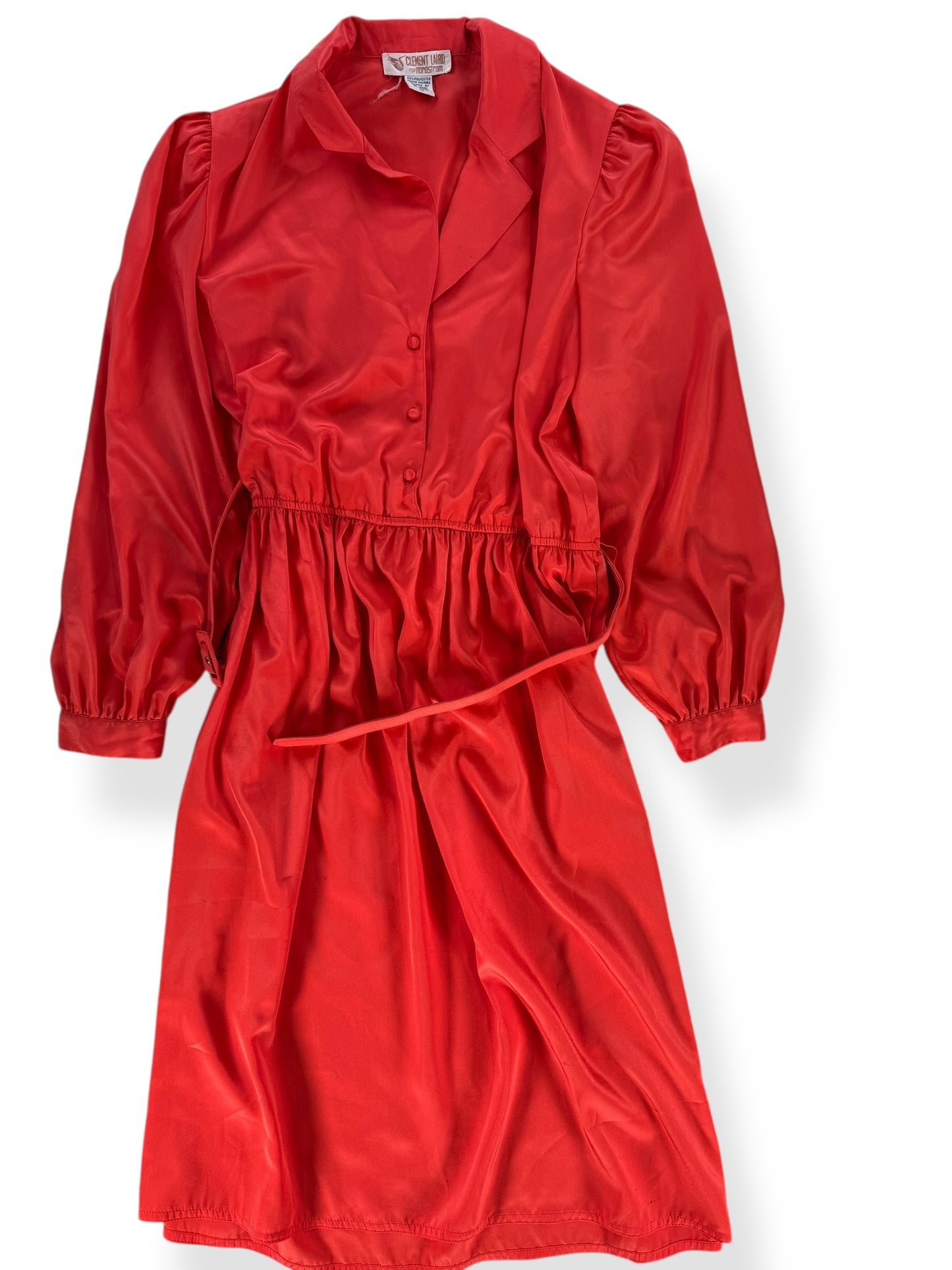 Flat lay of 1970s Clement Laird Coral Polyester Dress L-XL