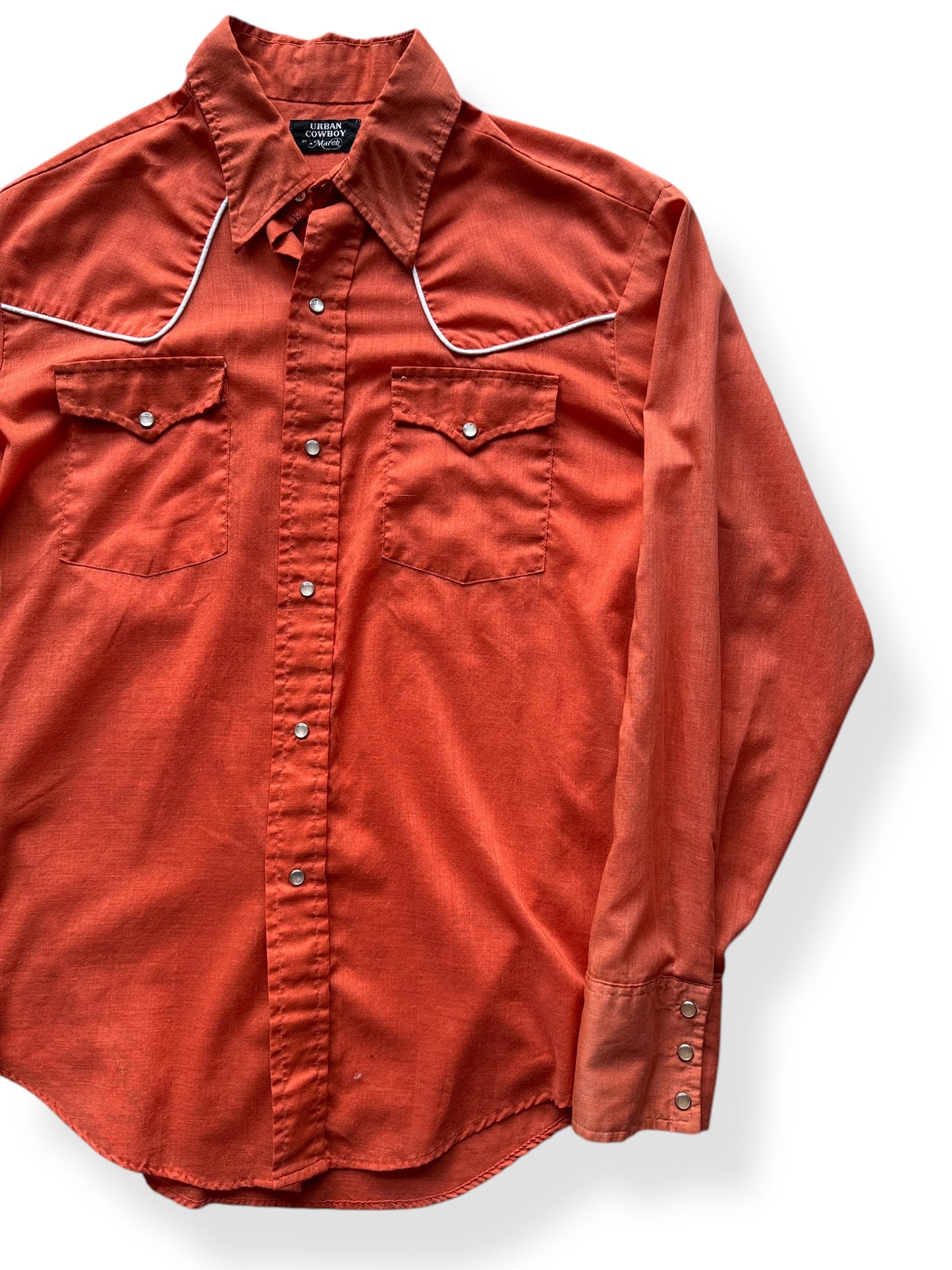Front Left of Orange Urban Cowboy Pearlsnap SZ L