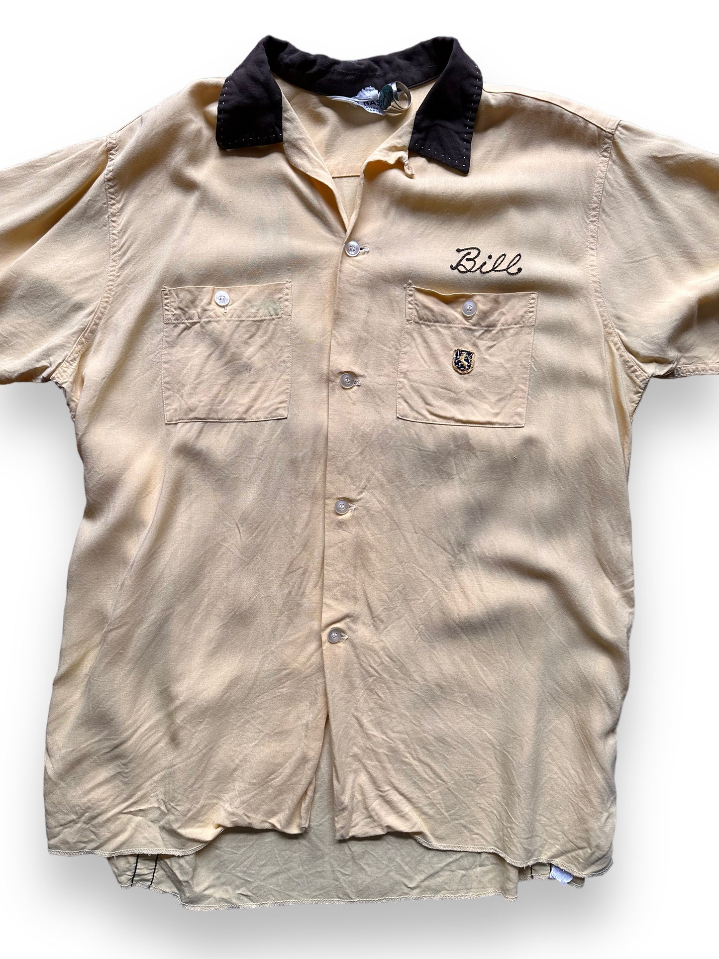front close up of Vintage Power City Electric Company Rayon Bowling Shirt SZ L | Vintage Bowling Shirt Seattle | Barn Owl Vintage Seattle