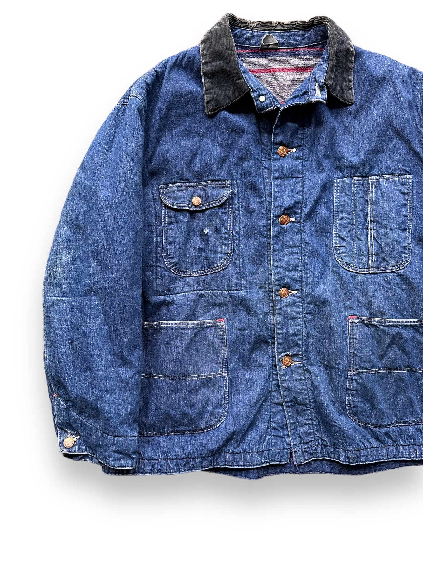 Front Right View on Vintage Blue Bell Blanket Lined Denim Chore Coat SZ 46 | Seattle Vintage Workwear | Barn Owl Vintage Seattle