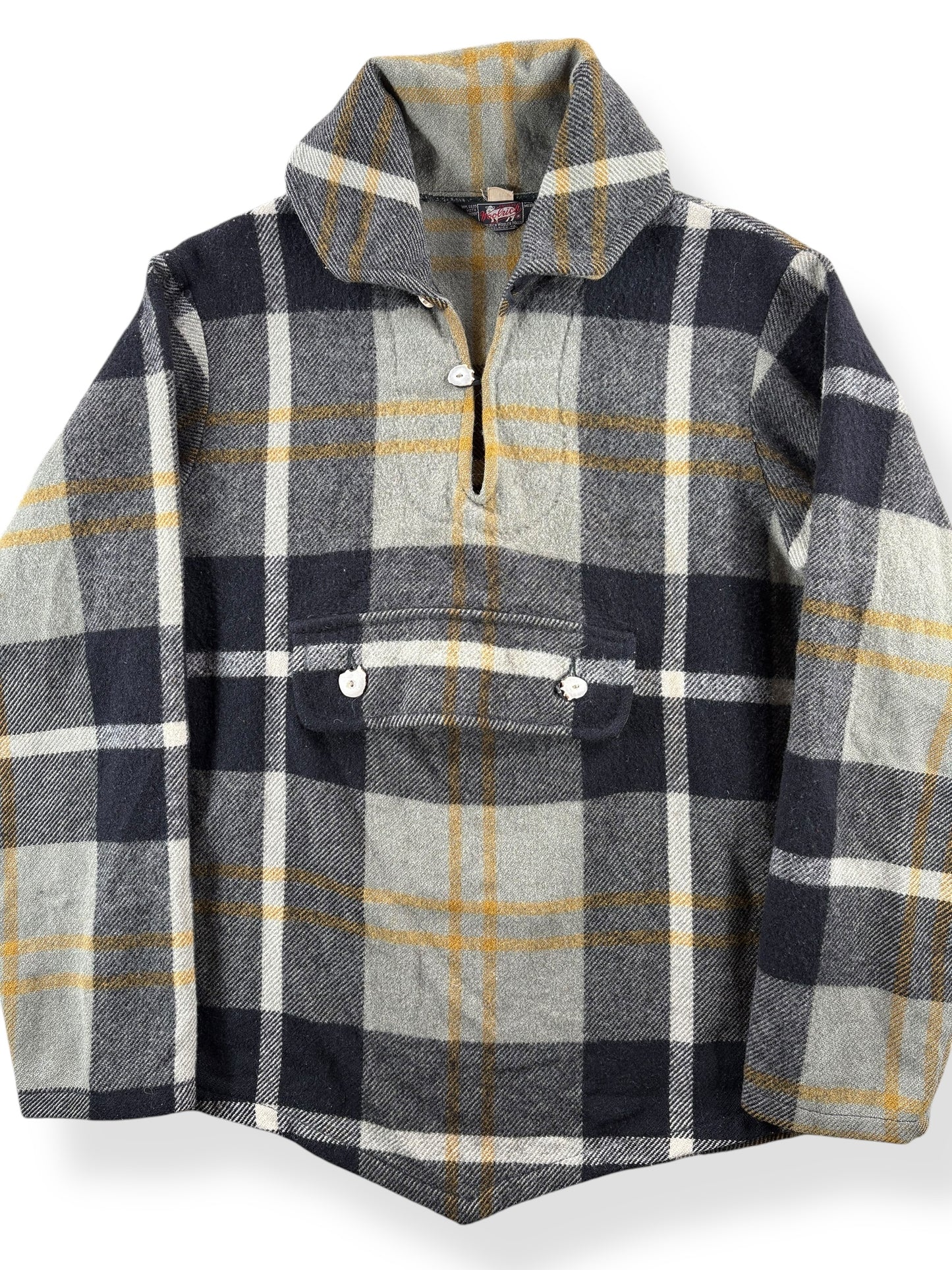 Front Close Up of Vintage Woolrich Plaid Wool Pullover SZ M