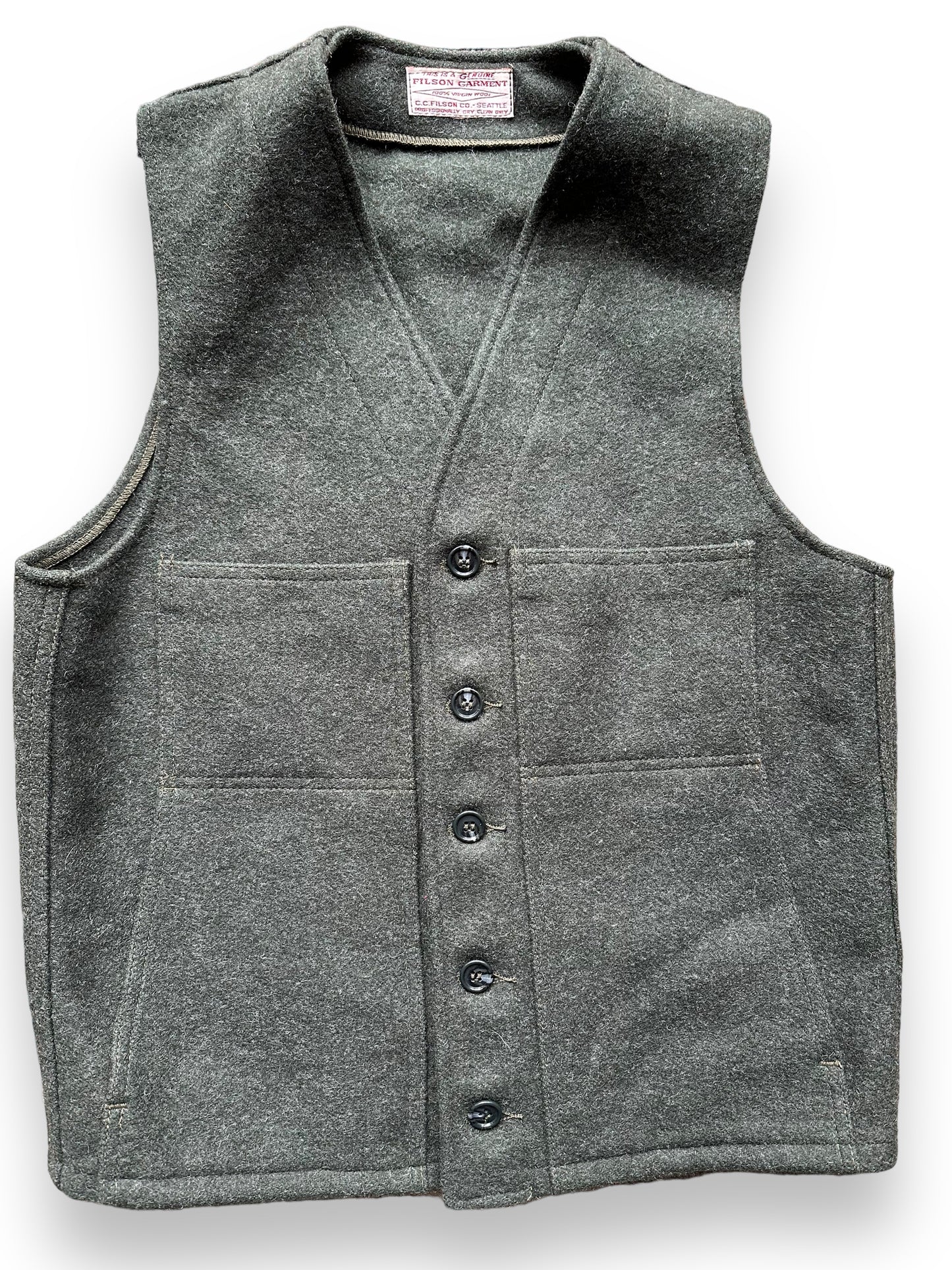 Close Up Detail of Filson Forest Green Mackinaw Vest SZ M | Barn Owl Vintage Goods | Vintage Filson Workwear Seattle