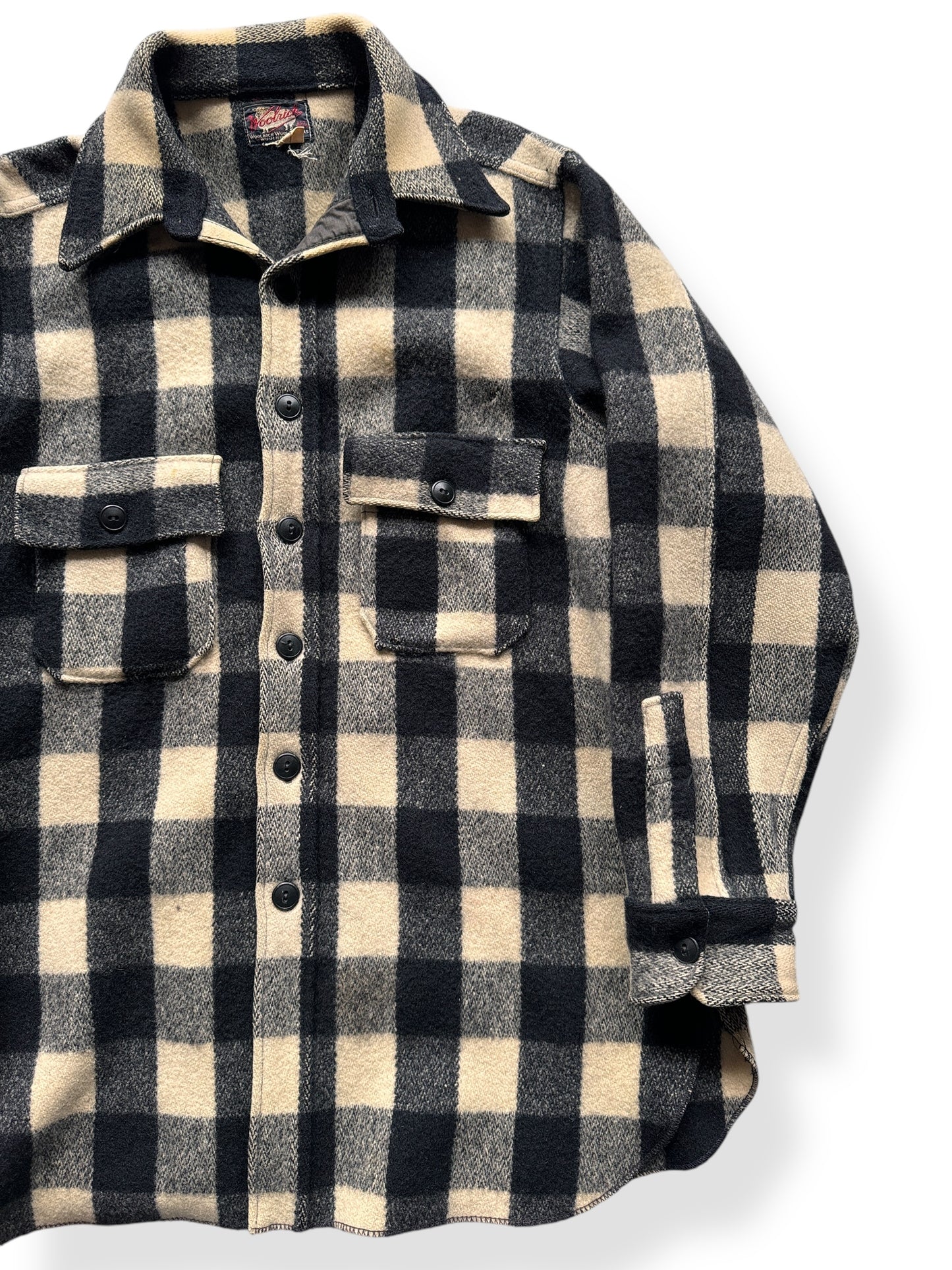 Front Left of 40s Era Vintage Woolrich Black & White Wool Coat SZ L