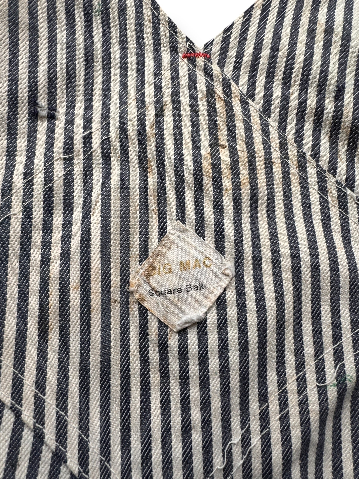 Back Label on Vintage Rust and Patina Packed Big Mac Hickory Stripe Overalls W39