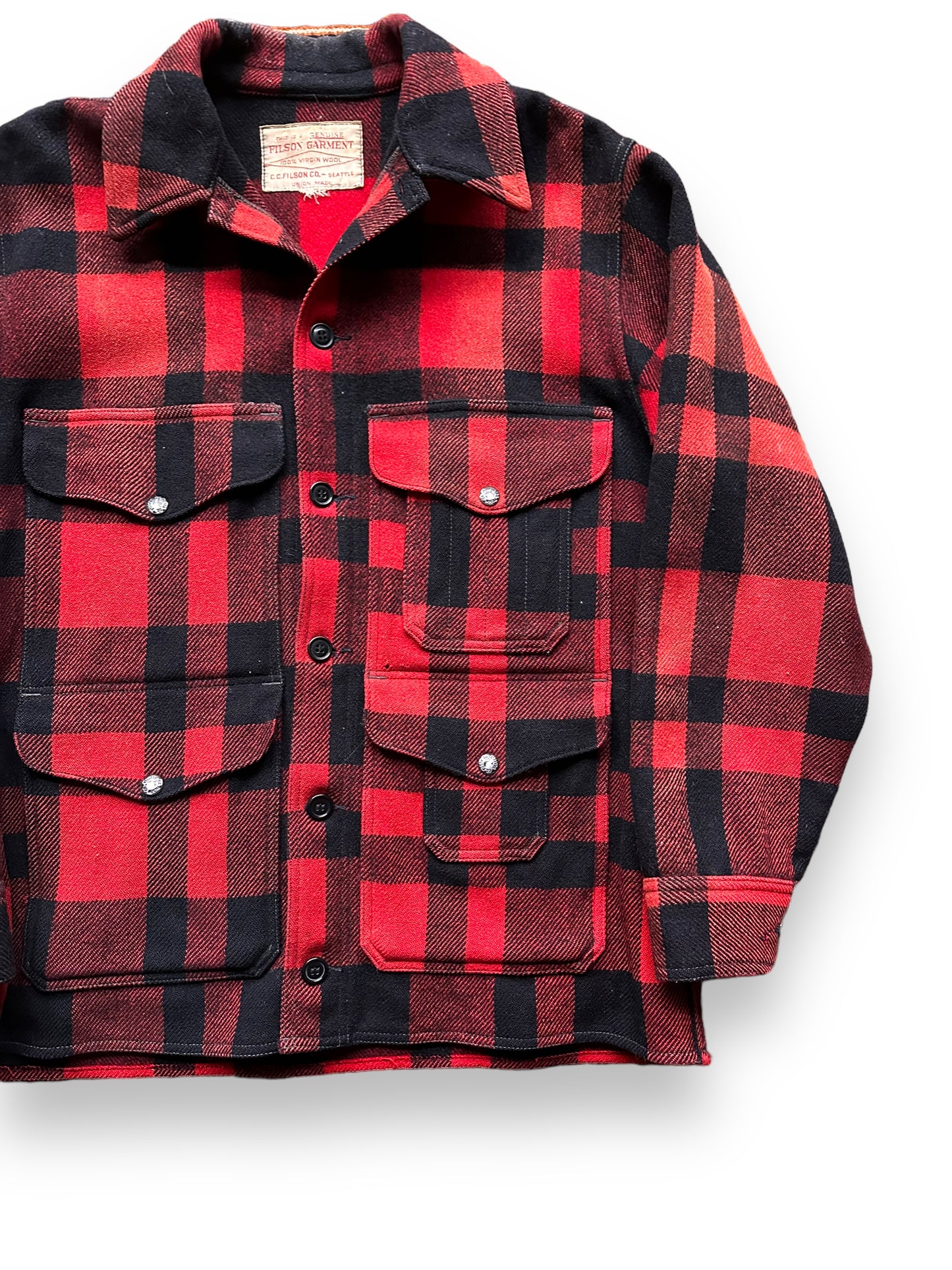 Front Left View of Vintage Sun Faded Union Made Filson Red and Black Mackinaw Cruiser SZ 44 | Vintage Filson Mackinaw | Vintage Filson Workwear Seattle