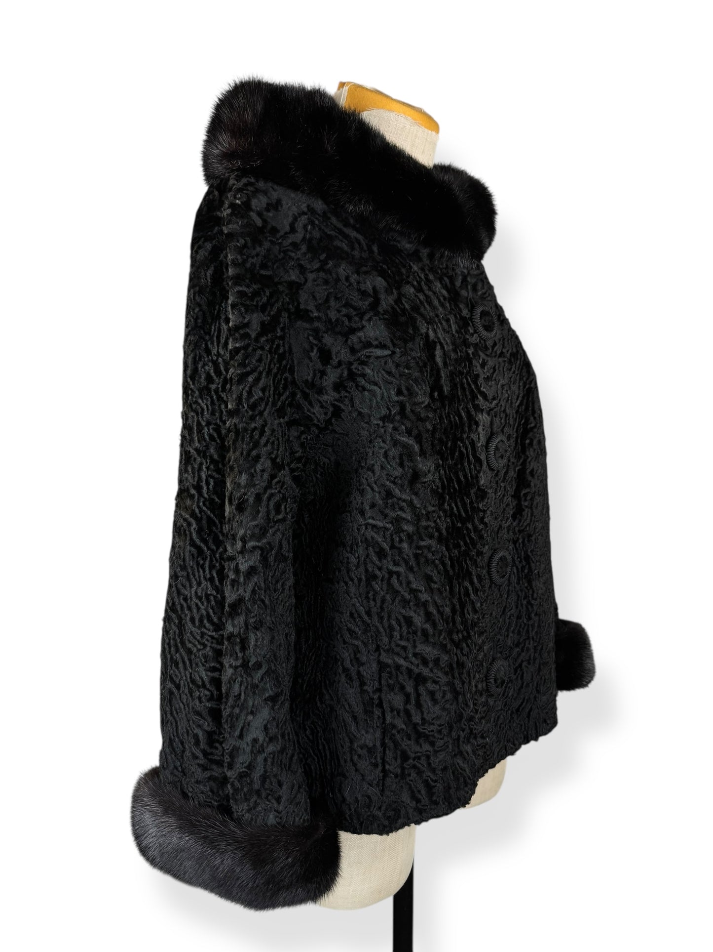 Side view of 1960s Kermend Cropped Lam's Fur and Mink Coat L