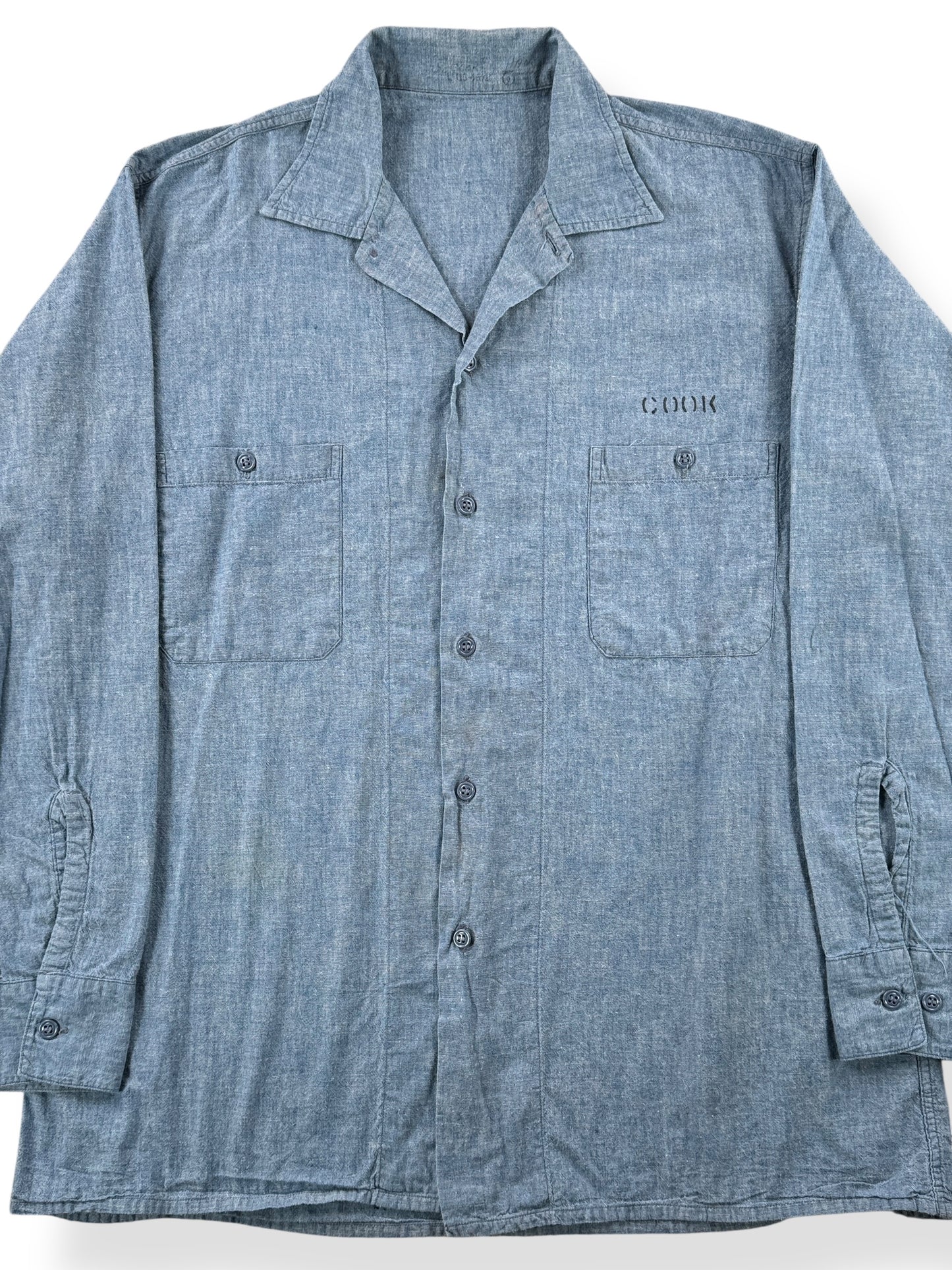 Front Close Up of Vintage 60’s Vietnam US Navy Denim Chambray Shirt SZ XL
