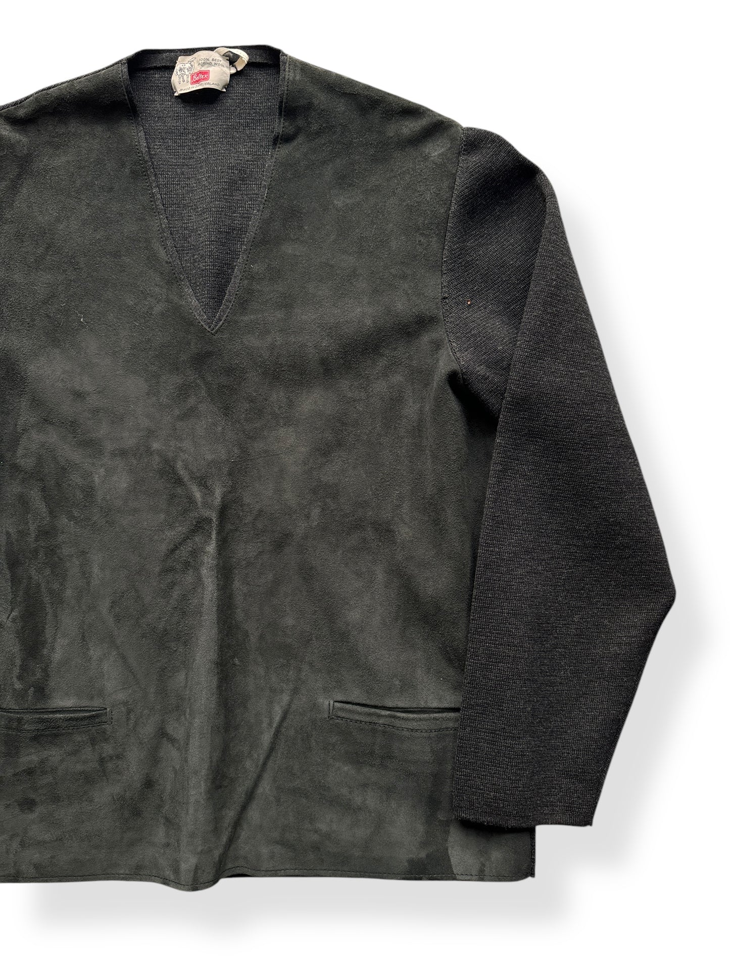Front Left of Vintage Beltex Merino Wool/Suede Pullover SZ L