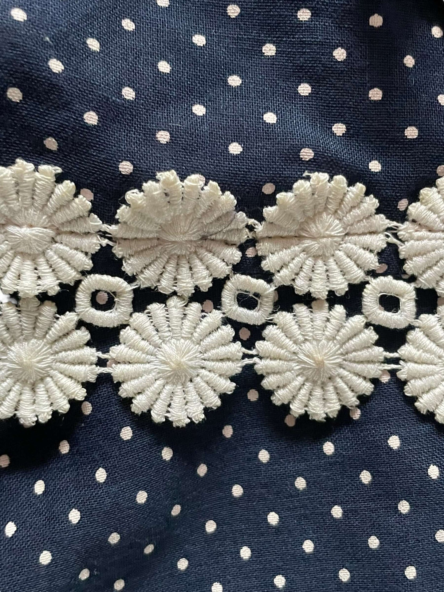 Daisy appliqué view of Vintage 1970s Navy Blue Swiss Dot Maxi Dress SZ S | Barn Owl Vintage Dresses | Seattle True Vintage