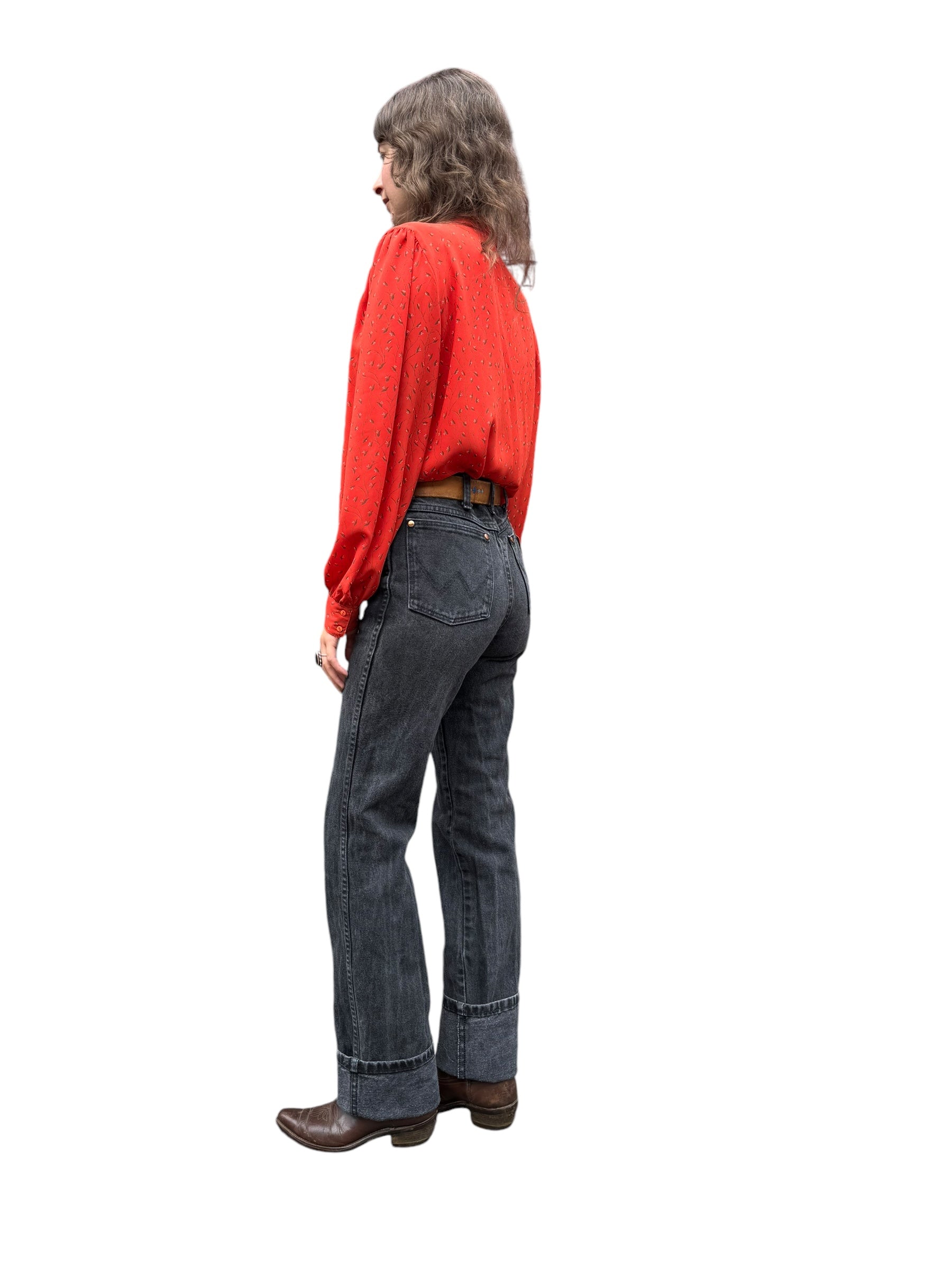 Side model view of 1980s Campus Casuals Red Floral Blouse L