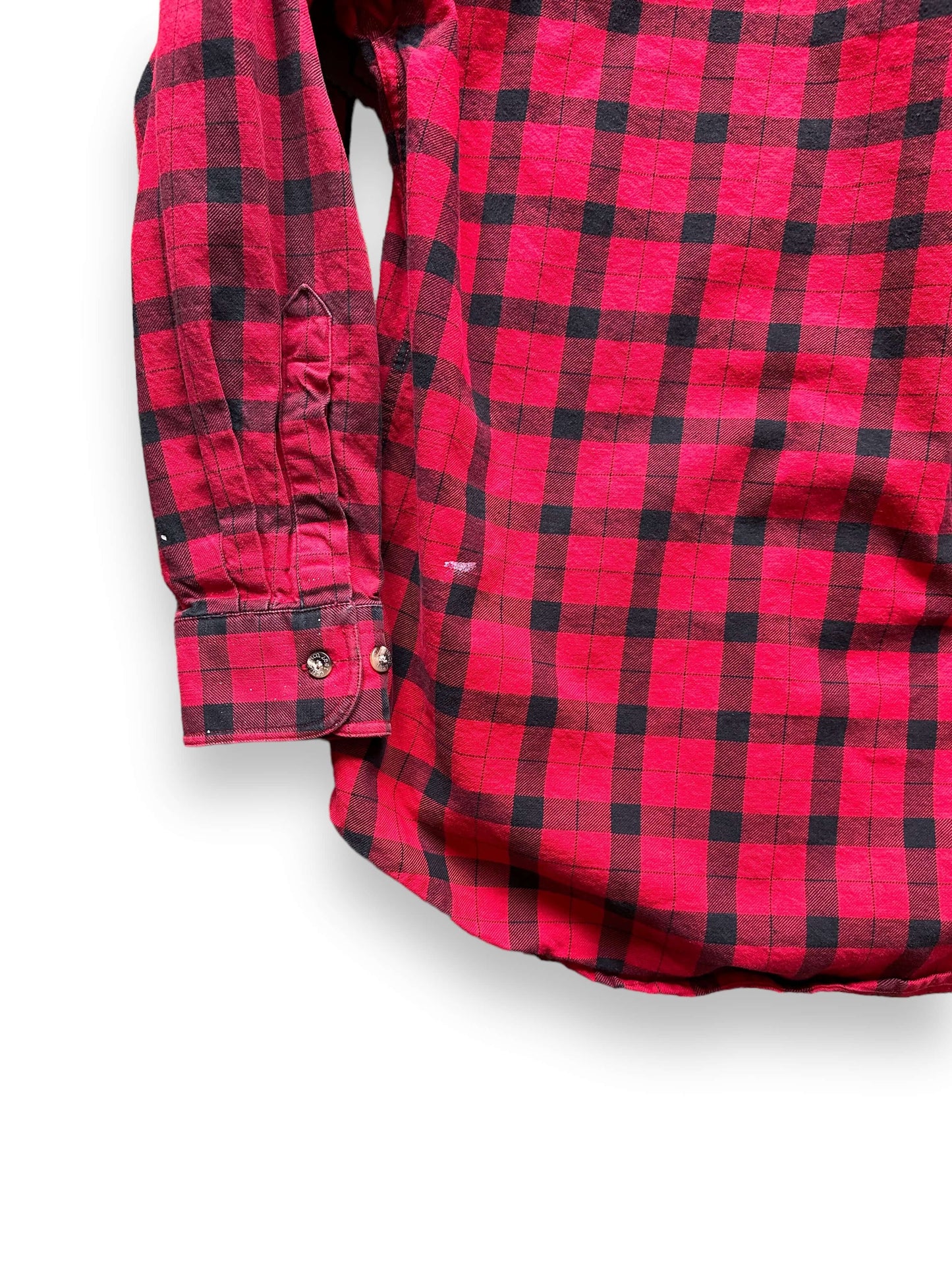 Rear Left View of Paint Splattered Filson Black and Red Guide Shirt SZ M | Barn Owl Vintage Goods | Vintage Filson Workwear Seattle