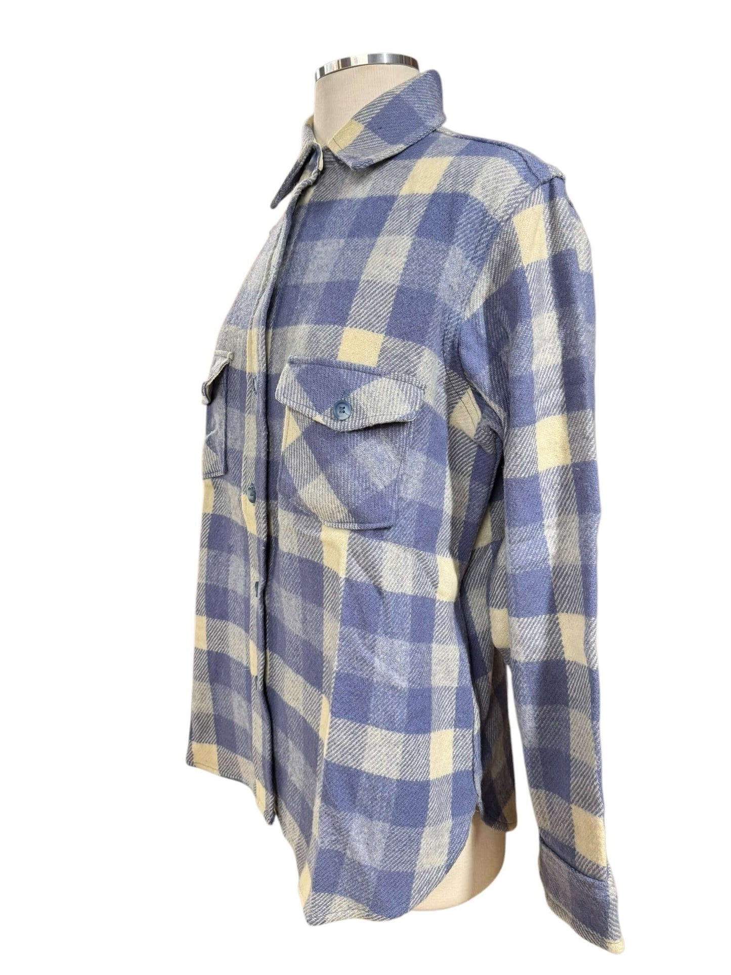 Side view of 1970s Blue/White "The Woolrich Woman" Flannel S-M