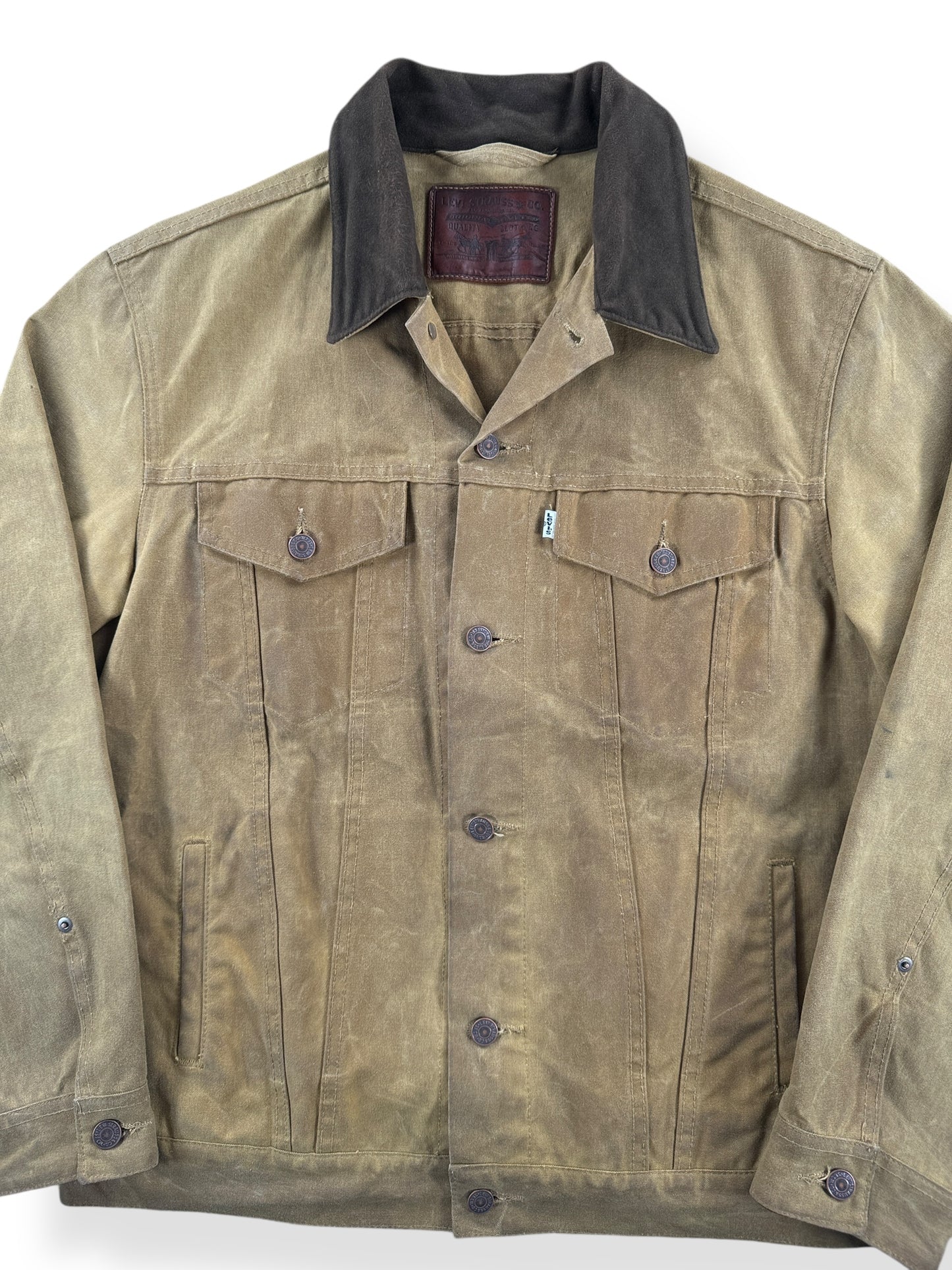 Front Close Up of Modern FIlson X Levis Tan Trucker Jacket SZ XL