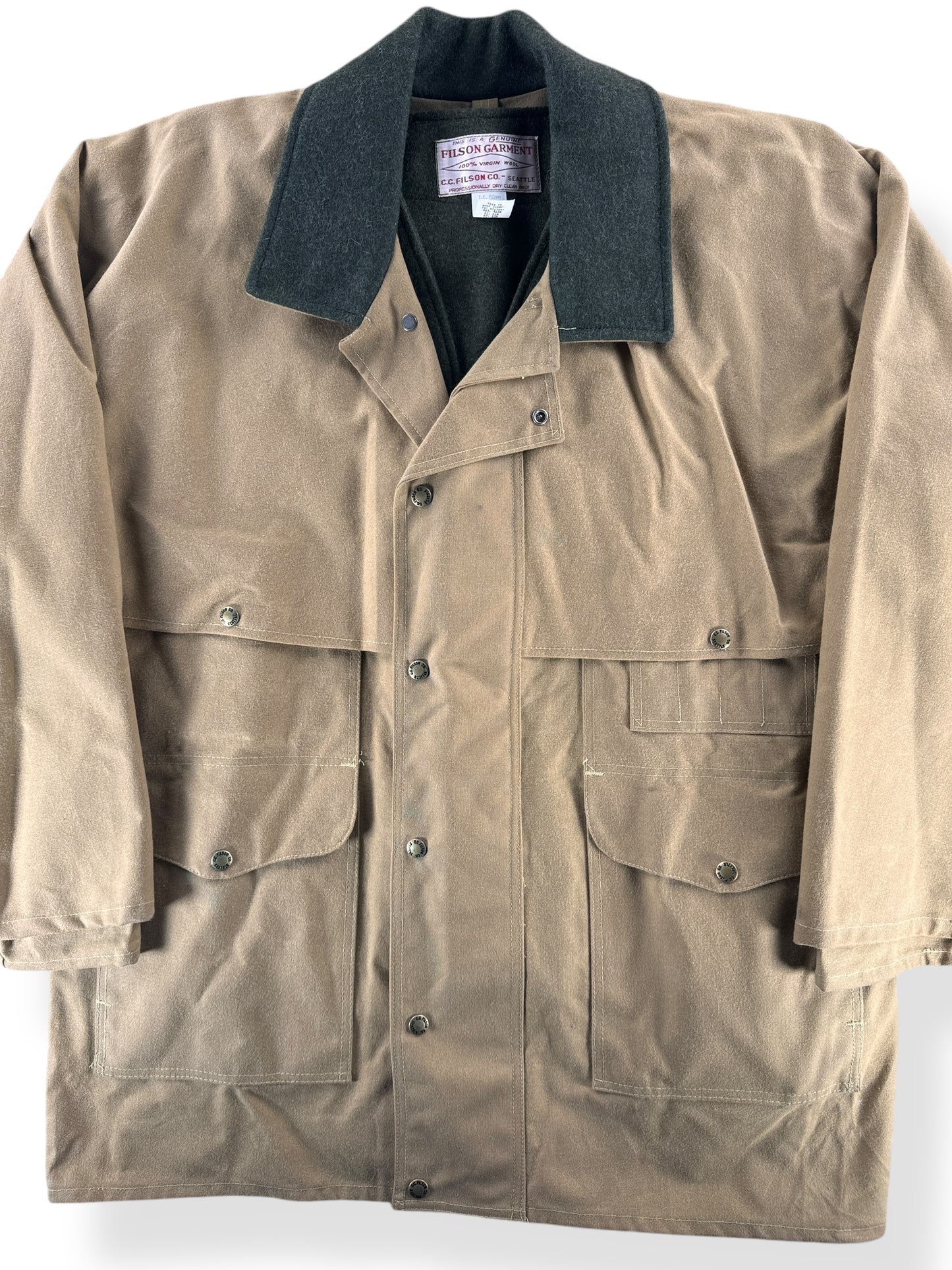 Front Close Up of Vintage NWOT Filson Tin Cloth Packer Jacket with Liner SZ 44