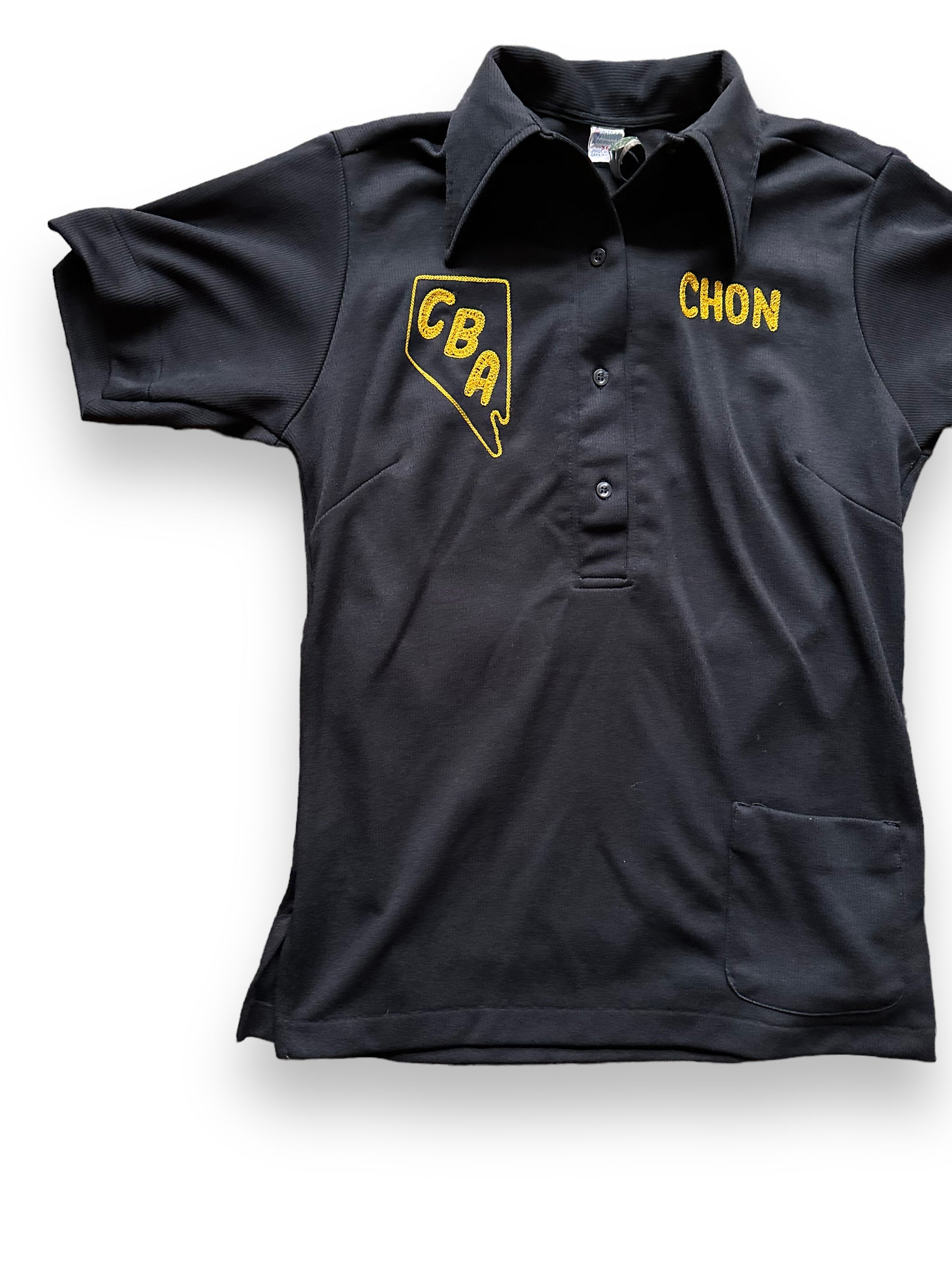 front right of Vintage Chon Madderra Polyester Bowling Shirt SZ 36 | Vintage Bowling Shirt Seattle | Barn Owl Vintage Seattle