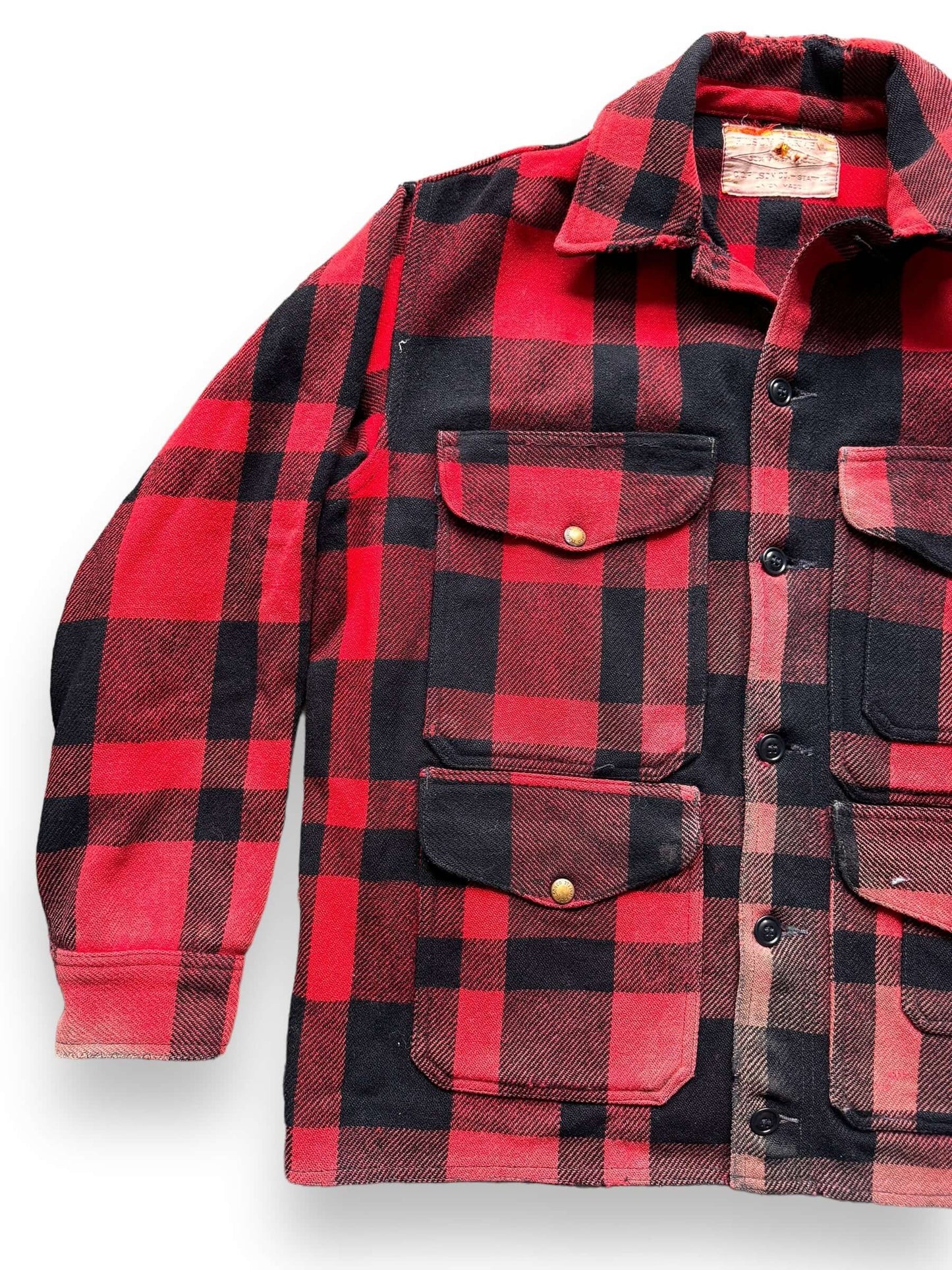 front right of 1960s Union Made Filson Buffalo Plaid Mackinaw Cruiser w/ Repairs SZ 48