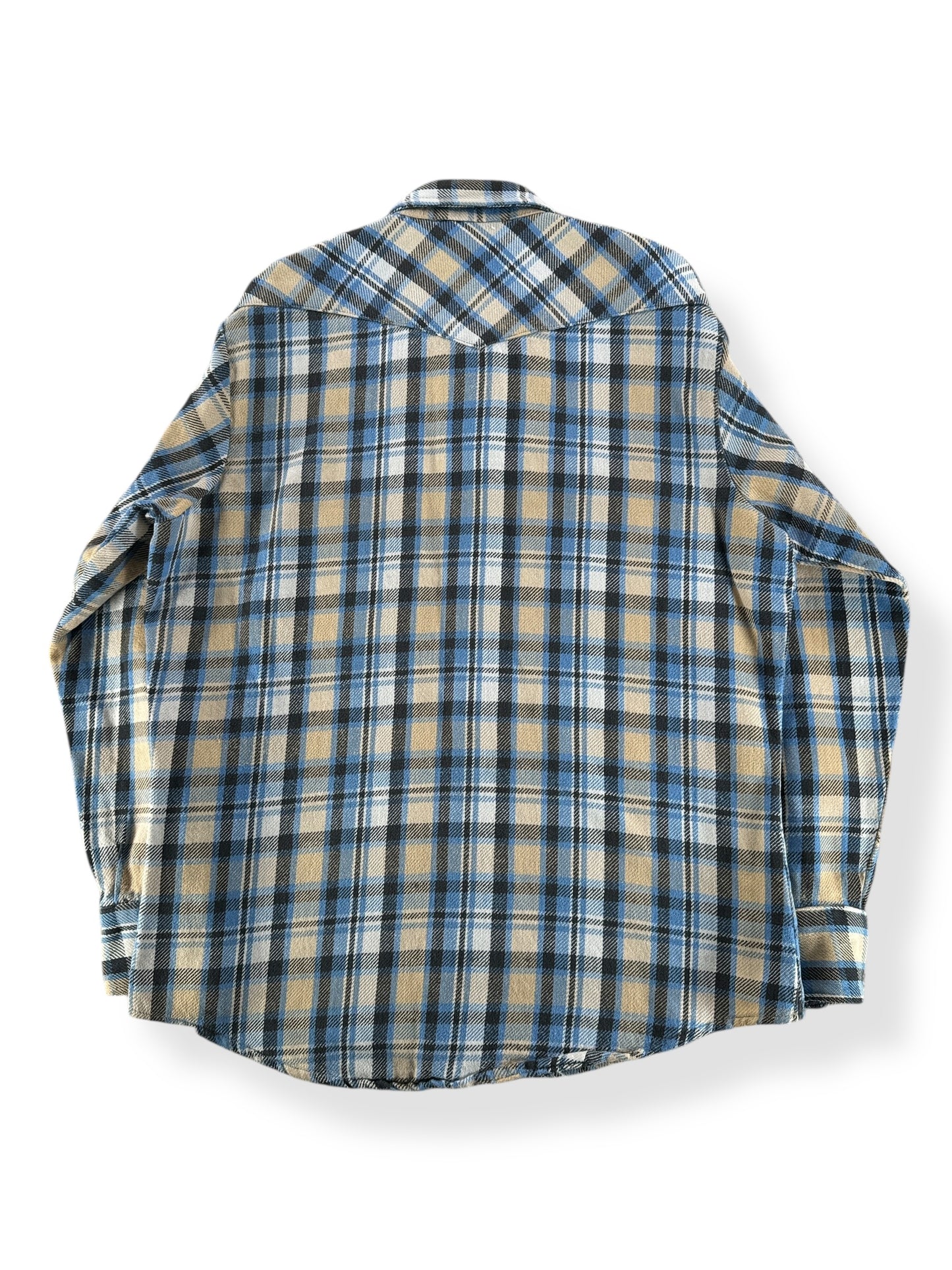 Back of Vintage Blue and Beige Big Mac Cotton Flannel Pearl Snap SZ XL