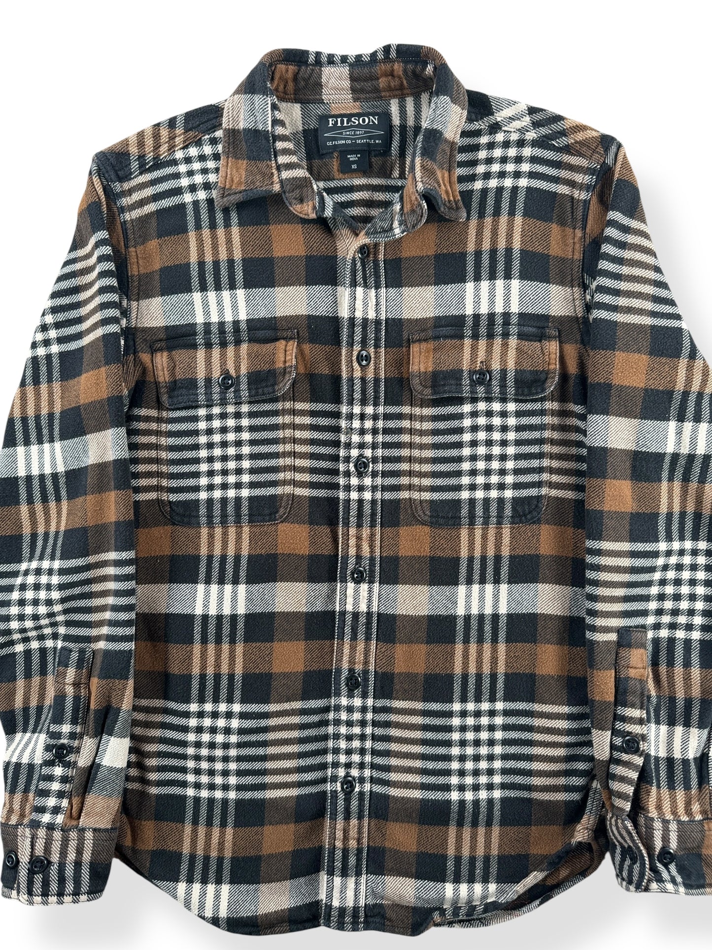 Front Close Up of Filson Black Brown Cream Cotton Flannel Work Shirt SZ XS