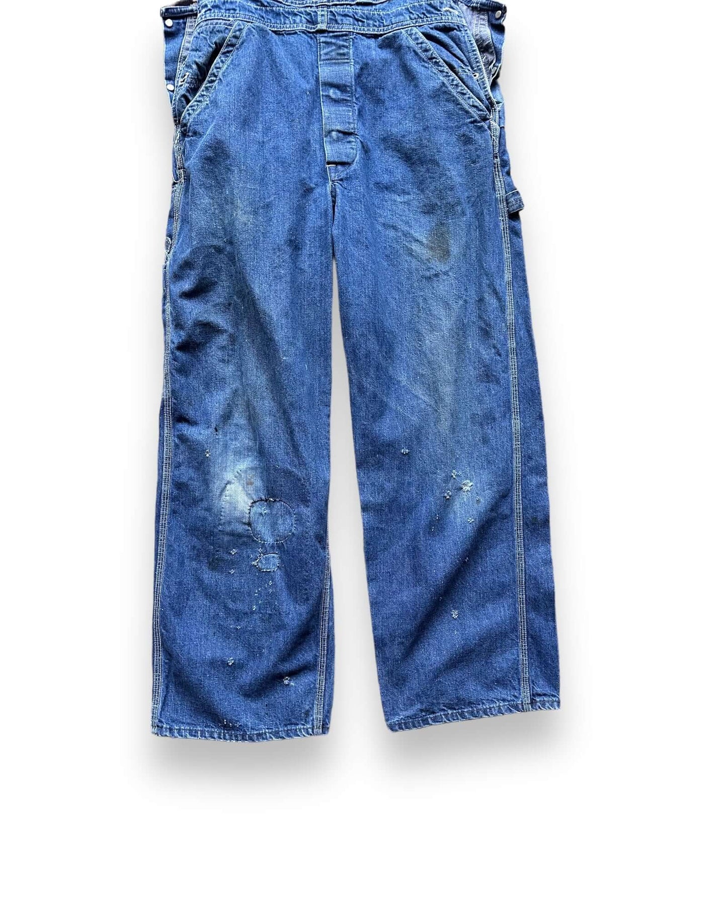 Lower Front View of Vintage 70's Era Lee Farm Repaired Denim Overalls SZ 34 | Vintage Denim Workwear Seattle | Seattle Vintage Denim