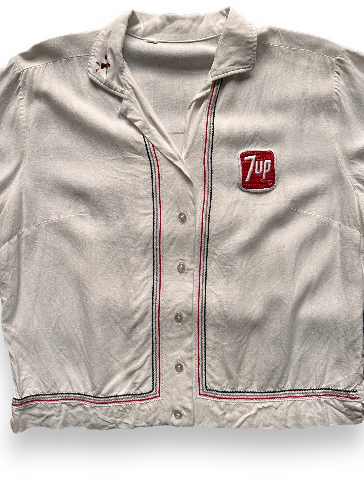 front close up of Vintage 7UP Ladies Delivery Driver Shirt SZ M | Vintage Bowling Shirt Seattle | Barn Owl Vintage Seattle