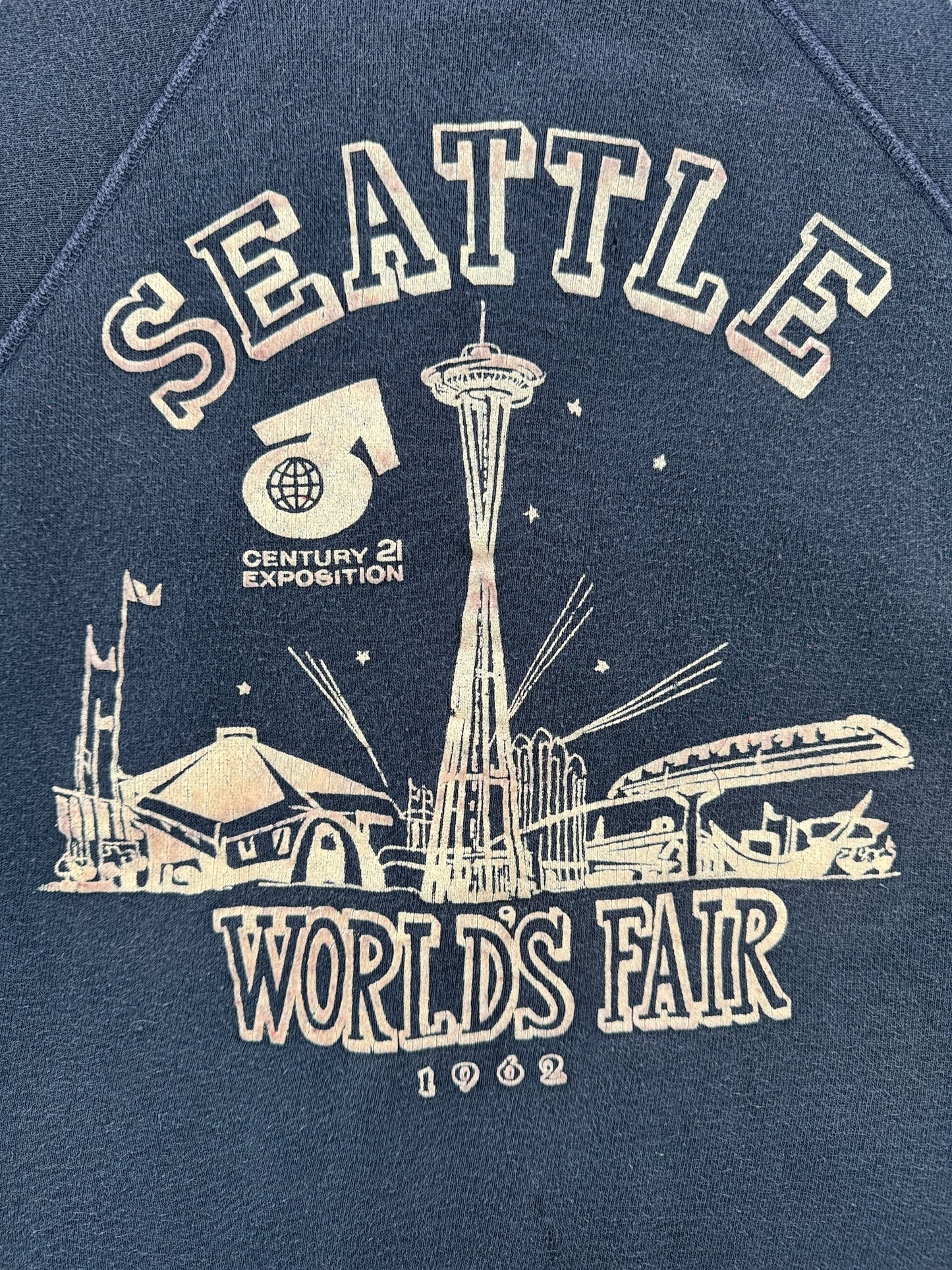 Front Graphic of Vintage 1962 Flocked Seattle Worlds Fair Crewneck SZ M
