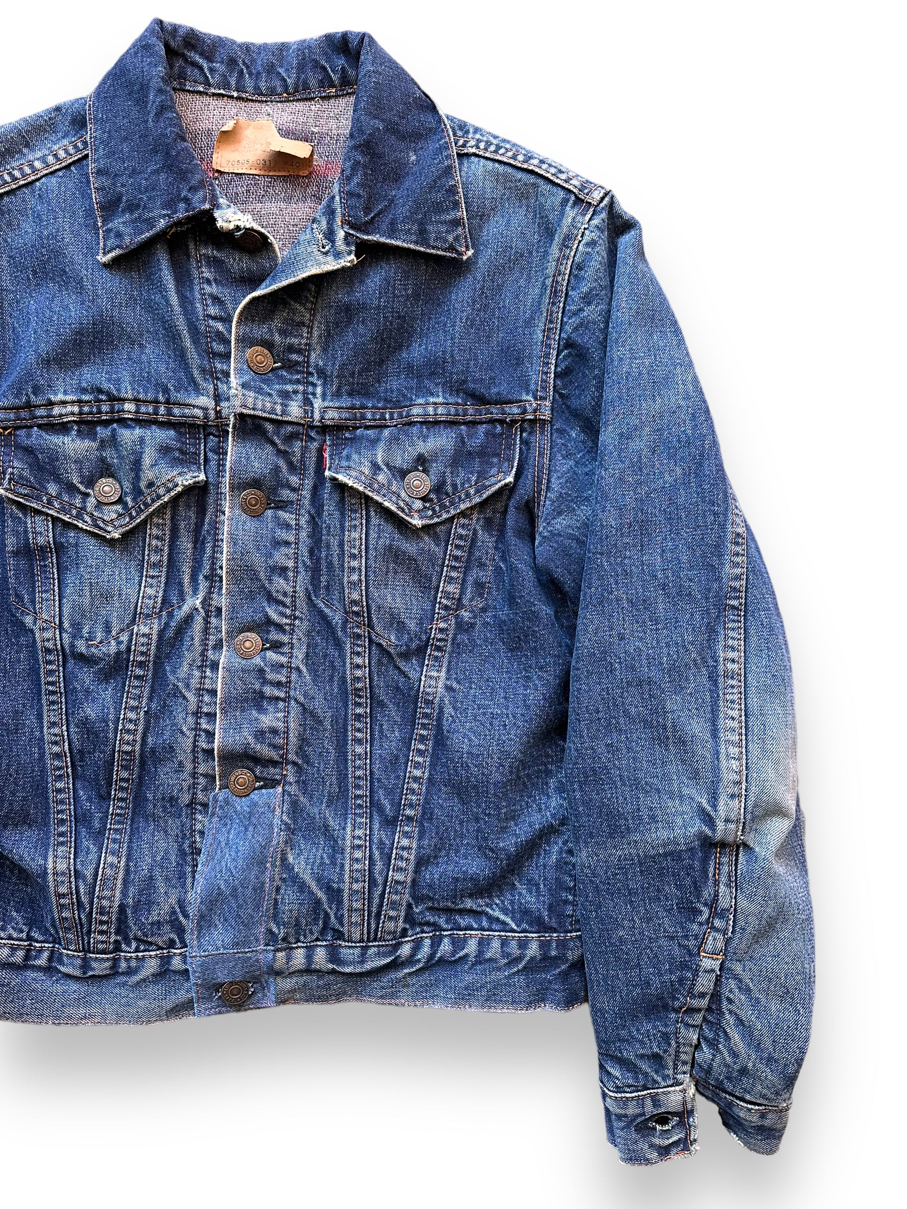 Front Left View of Vintage Levi's Big E Blanket Lined 70505 Denim Jacket SZ 40 | Vintage Denim Workwear Seattle | Seattle Vintage Denim