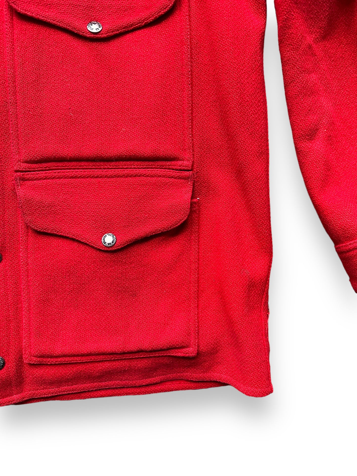 bottom left of Vintage 60s Era Union Made Filson Scarlet Cruiser Size 44 | Barn Owl Vintage Goods | Vintage Filson Workwear Seattle