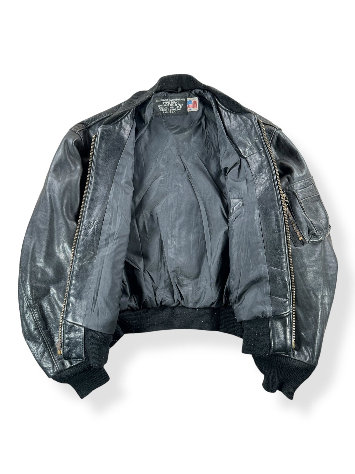 Inside of Vintage Schott Leather MA-1 Jacket SZ 46