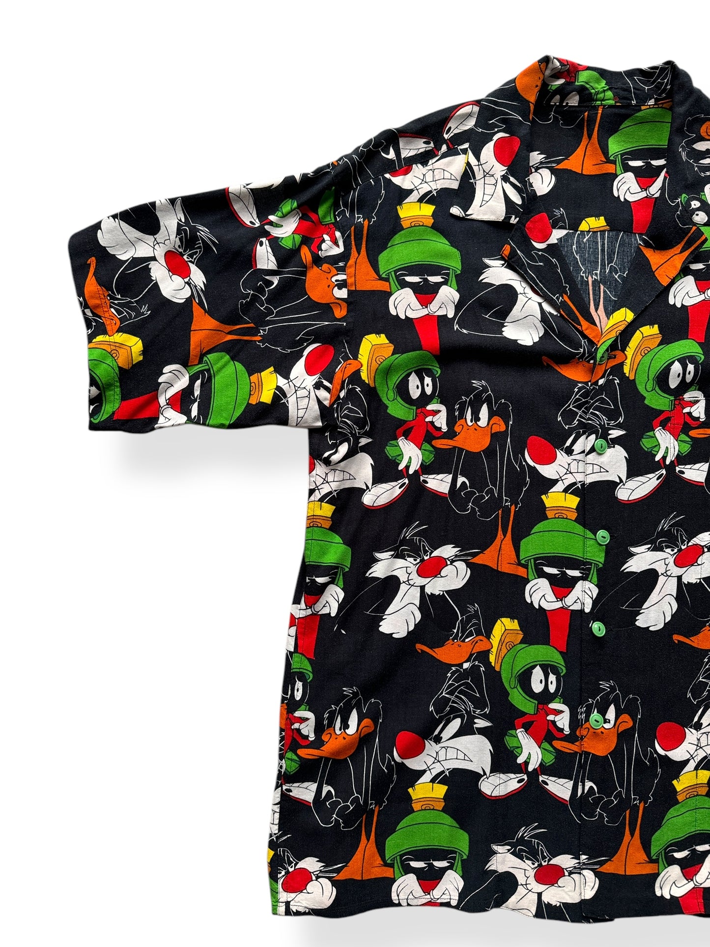 Front Right of Vintage Black Marvin the Martian Daffy Button Up SZ XL